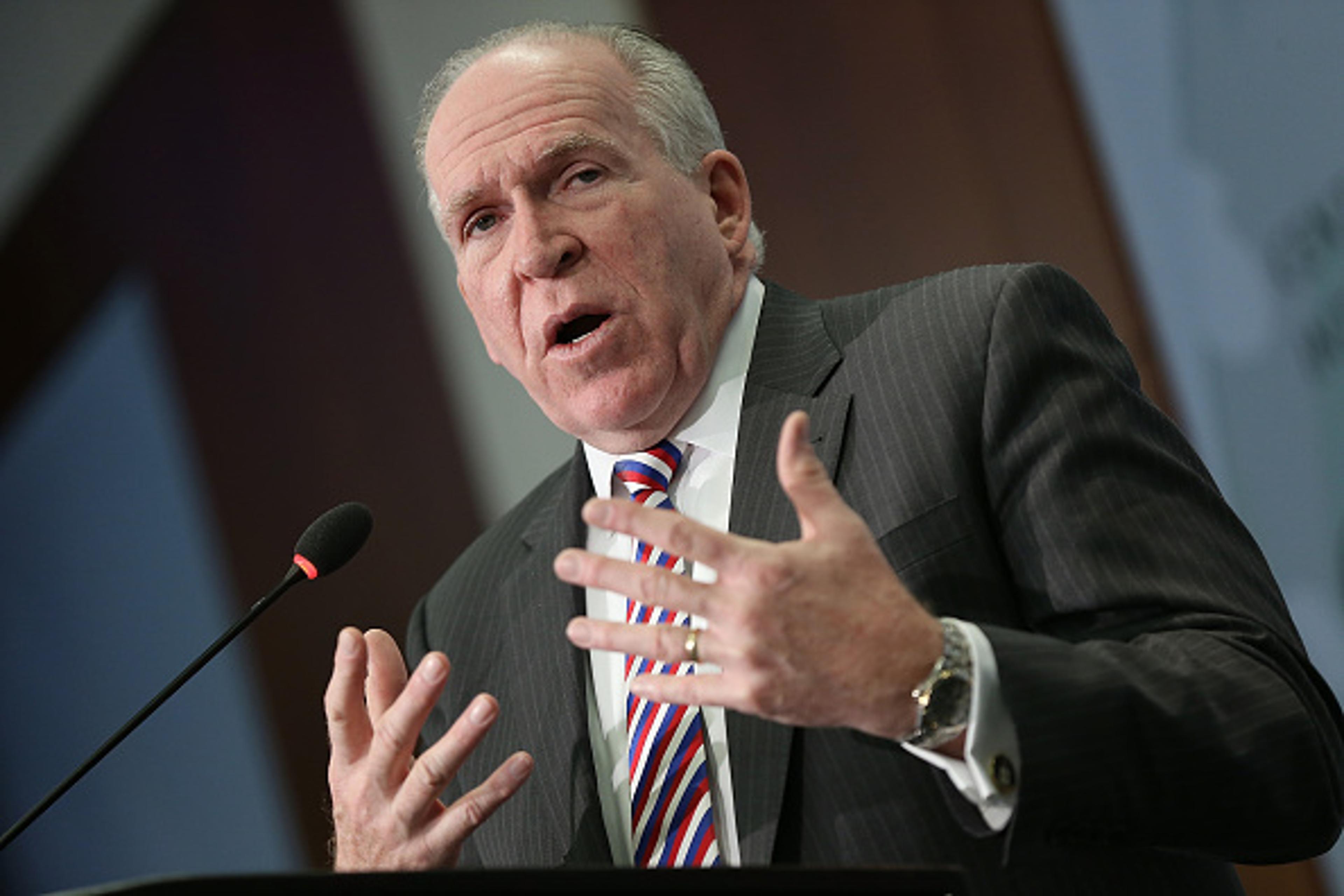 CIA Director John Brennan greets colleagues after delivering remarks at the Center for Strategic and International Studies November 16, 2015 in Washington, DC. Brennan spoke during the 6th annual "Global Security Forum" on the top challenges facing U.S.