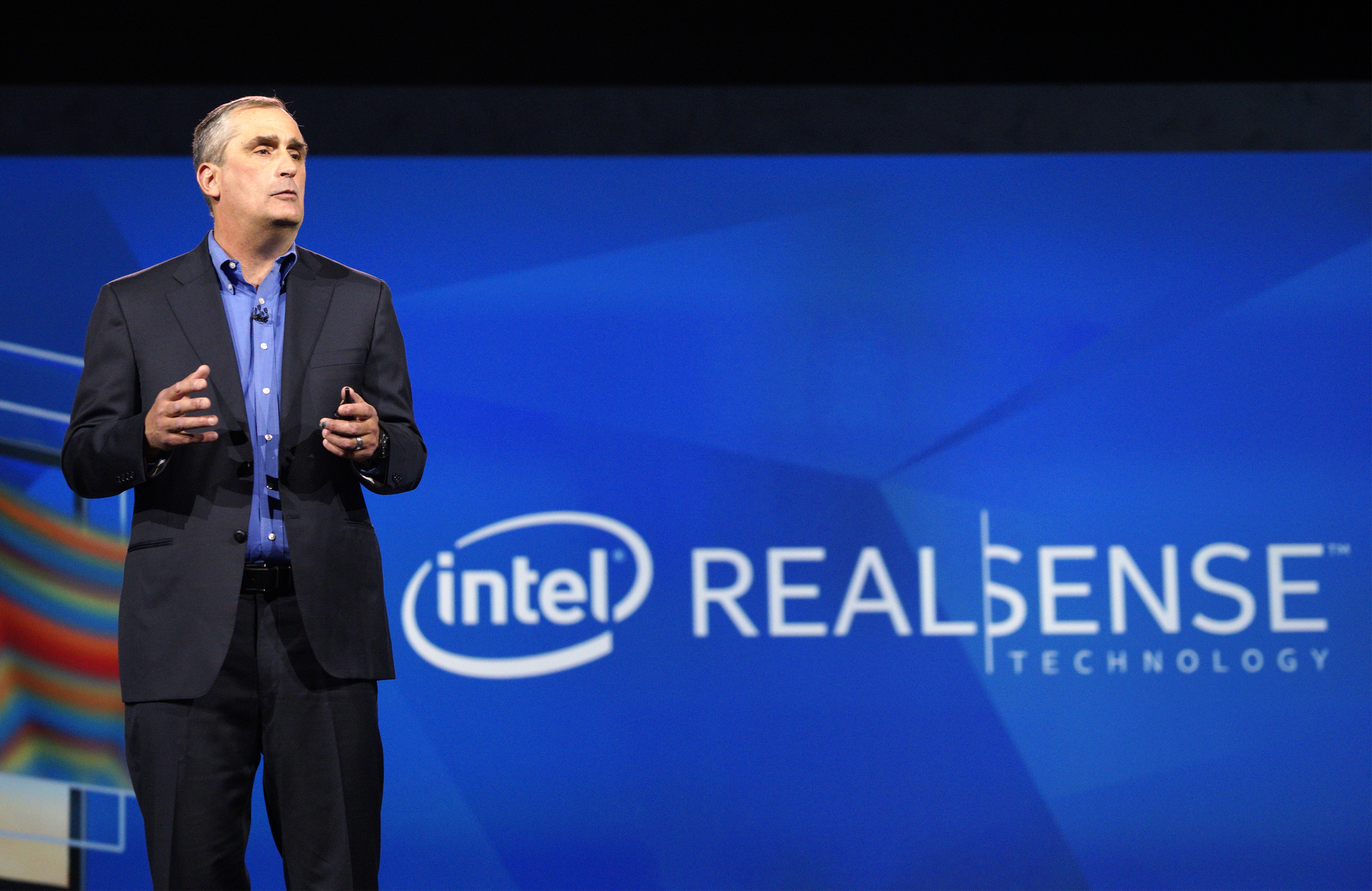 Krzanich, CEO of Intel, talks about the company's RealSense camera technology at his keynote at the International Consumer Electronics show in Las Vegas