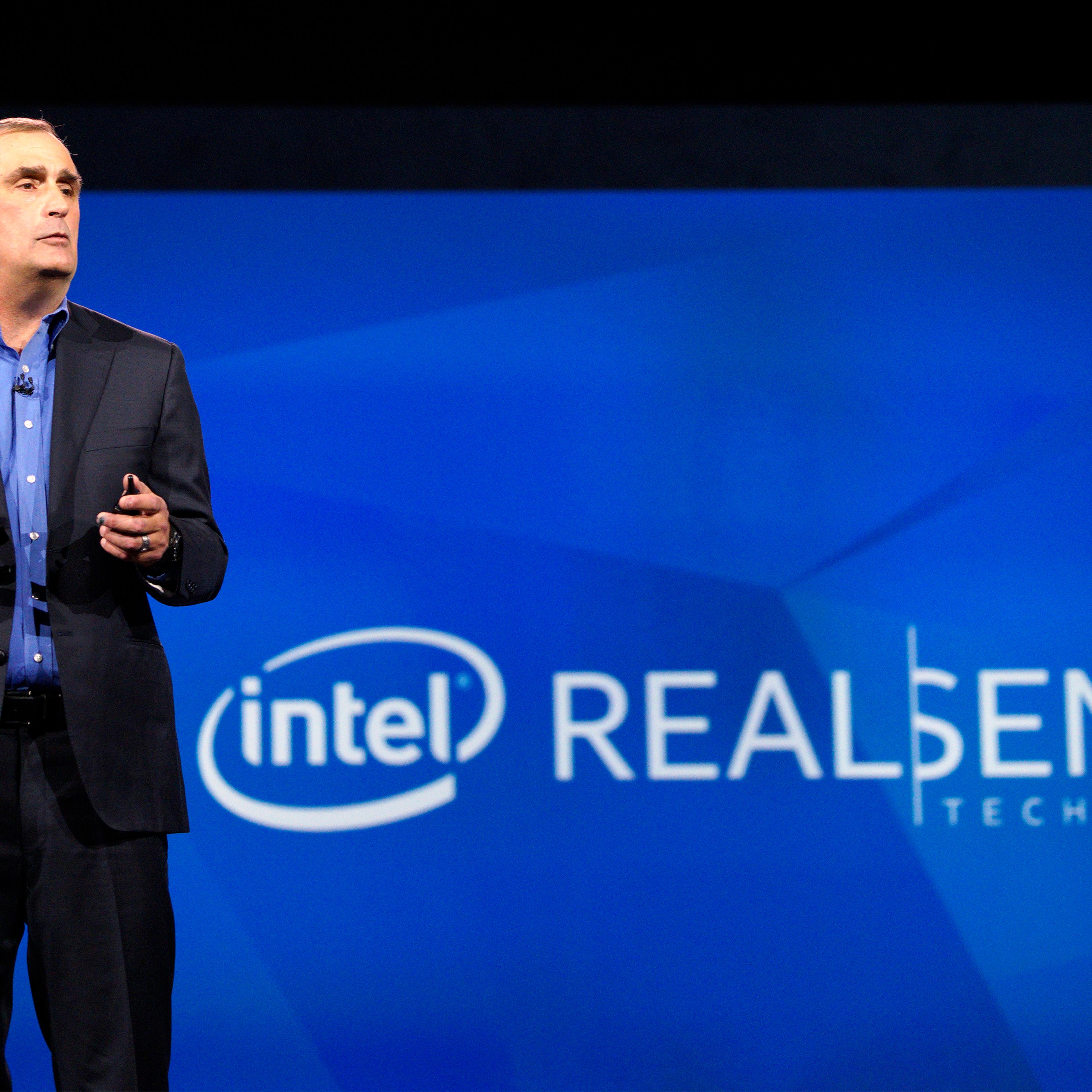 Krzanich, CEO of Intel, talks about the company's RealSense camera technology at his keynote at the International Consumer Electronics show in Las Vegas