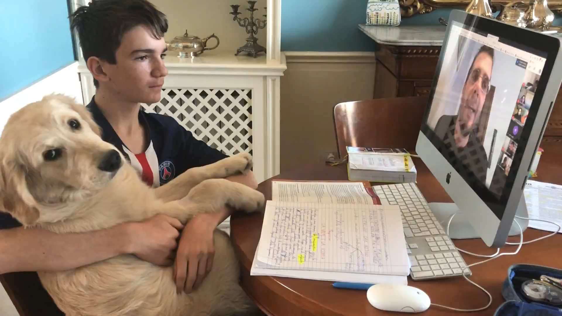 Leonardo Bruti Liberati takes an online high school course during the coronavirus lockdown in Italy.