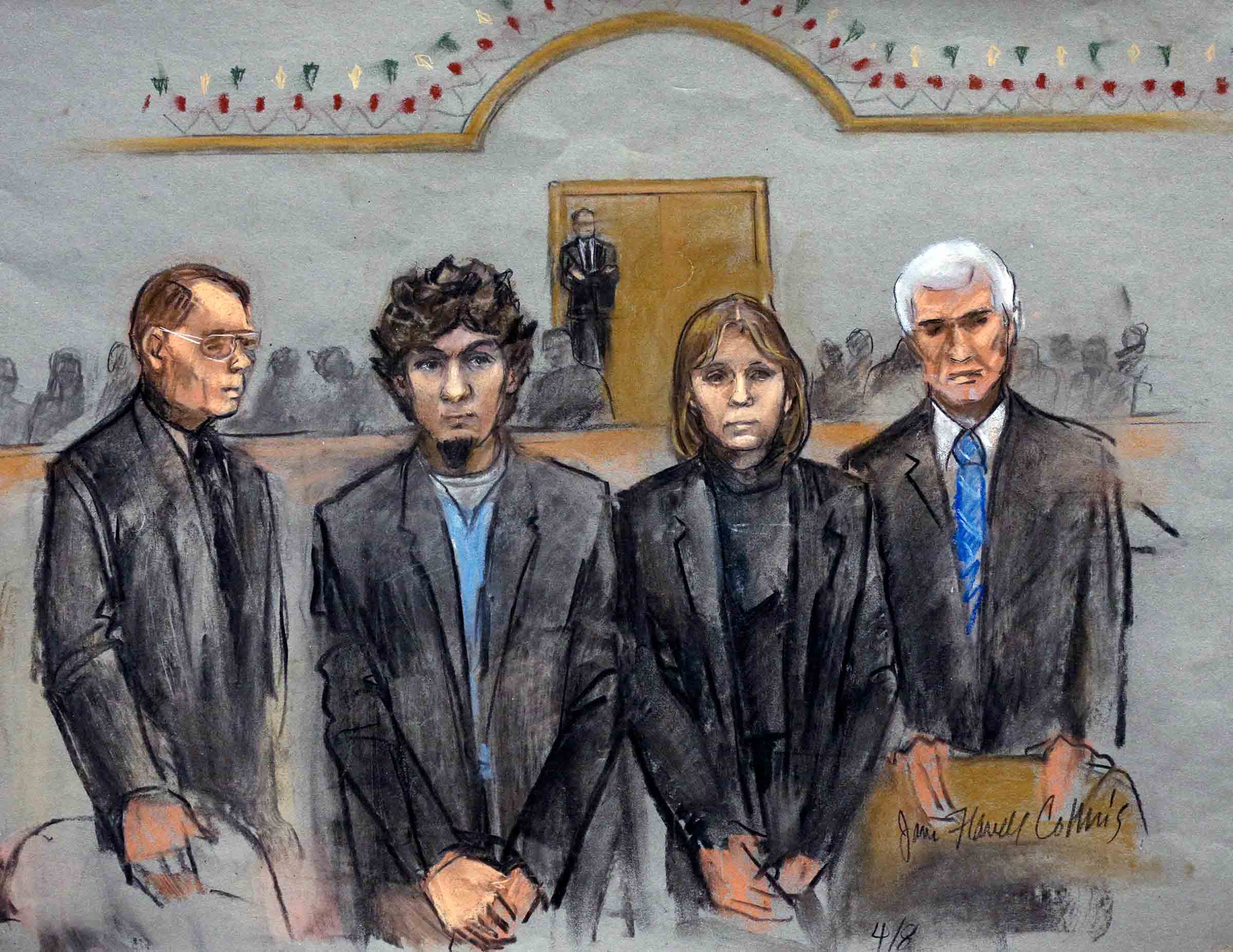 Courtroom sketch of Dzhokhar Tsarnaev, second from left standing with his defense attorneys William Fick, left, Judy Clarke, second from right, and David Bruck, right, as the jury presents its verdict in his federal death penalty trial Wednesday, April 8, 2015, in Boston