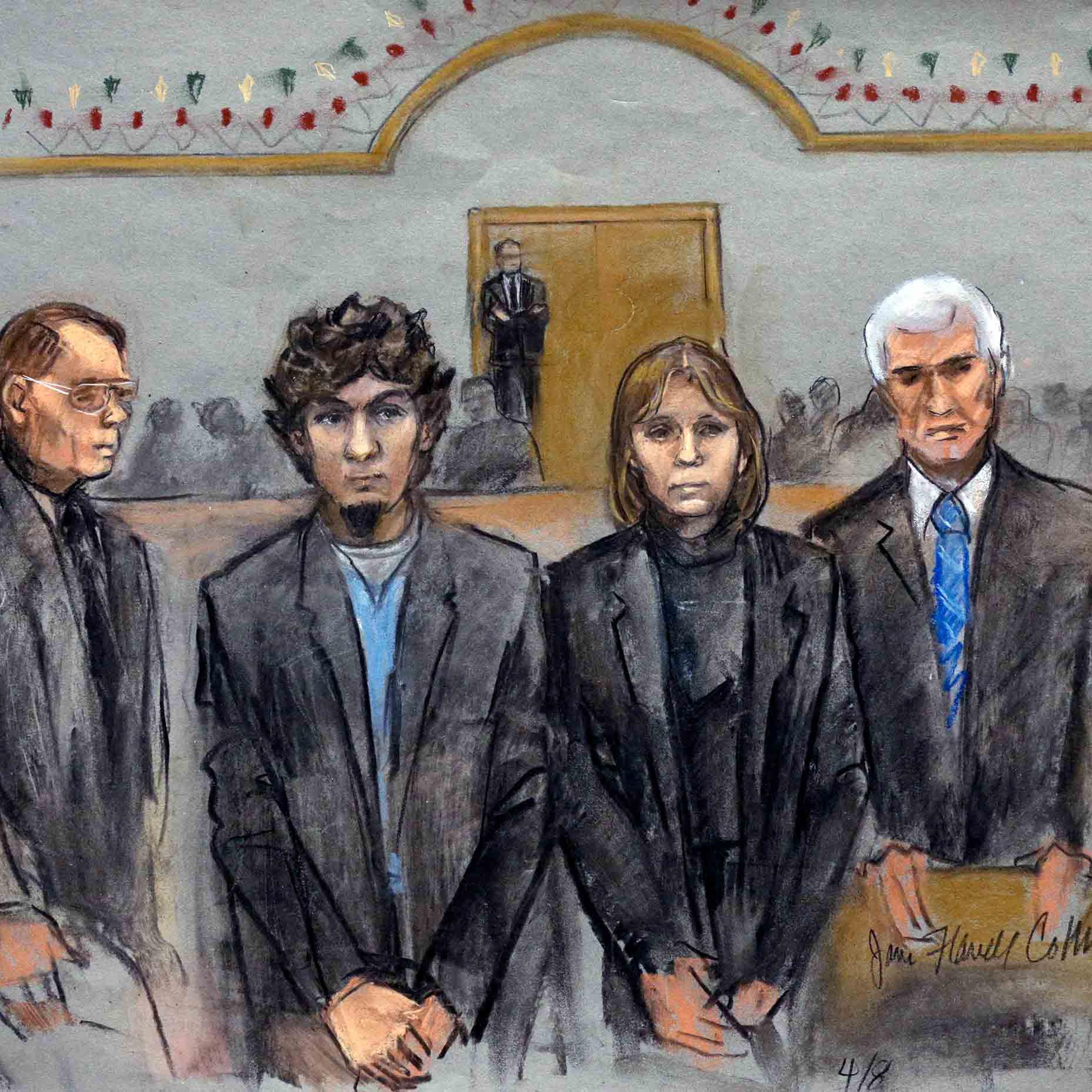 Courtroom sketch of Dzhokhar Tsarnaev, second from left standing with his defense attorneys William Fick, left, Judy Clarke, second from right, and David Bruck, right, as the jury presents its verdict in his federal death penalty trial Wednesday, April 8, 2015, in Boston
