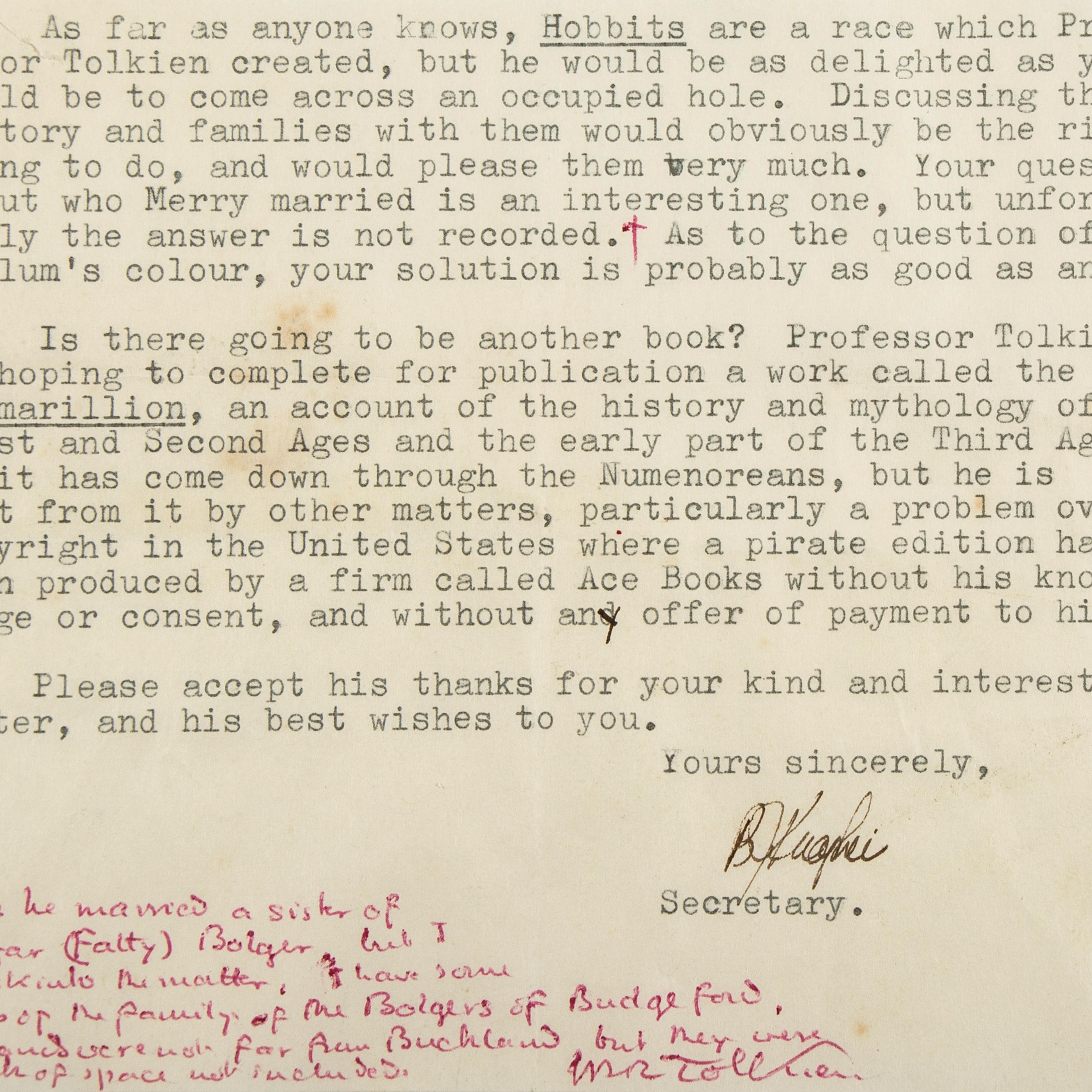 Typed letter signed by Tolkien's secretary on behalf of Tolkien.