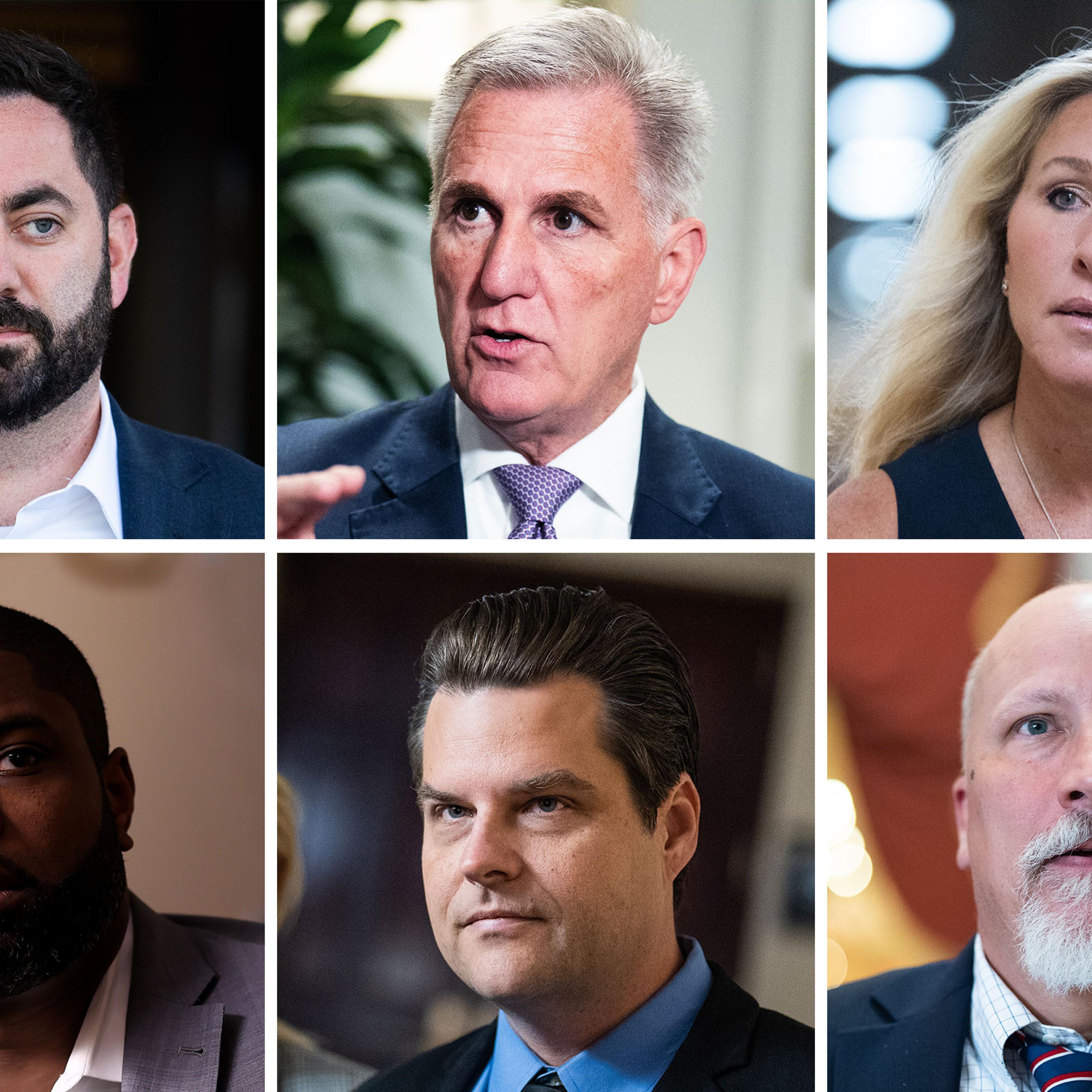 A grid showing Top: Rep. Mike Lawler; Speaker of the House Kevin McCarthy; Rep. Marjorie Taylor Greene; Bottom: Rep. Byron Donalds; Rep. Matt Gaetz; Rep. Chip Roy
