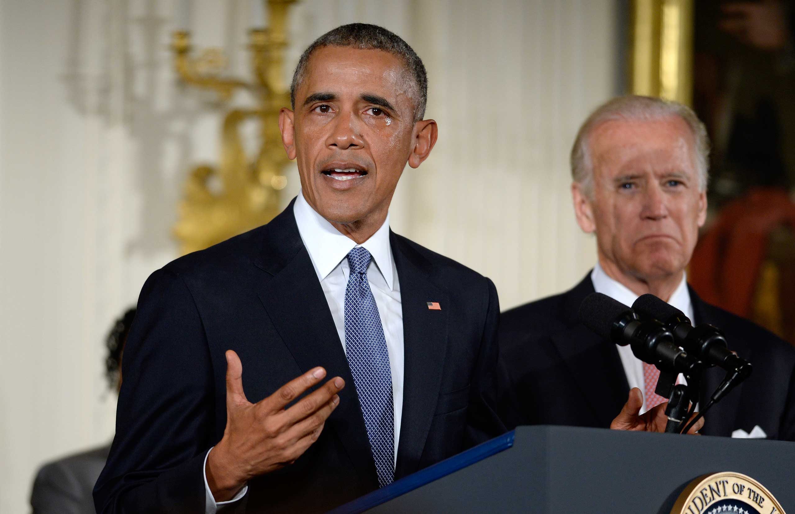President Obama announces executive actions intended to expand background checks for some firearm purchases and step up federal enforcement of the nation's gun laws during a news conference at the White House in Washington, D.C., Jan. 5 2016.