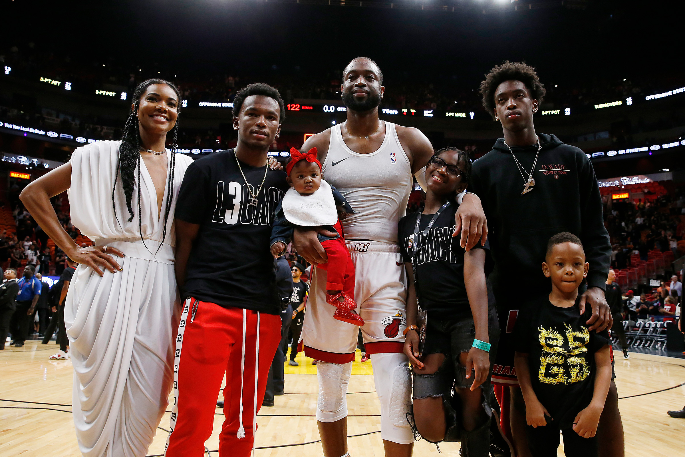 Gabrielle Union and Dwyane Wade with, from left, nephew, Dahveon Morris, and children, Kaavia James Union Wade, Zaya Wade, Xavier Wade and Zaire Wade in Miami, on April 09, 2019.