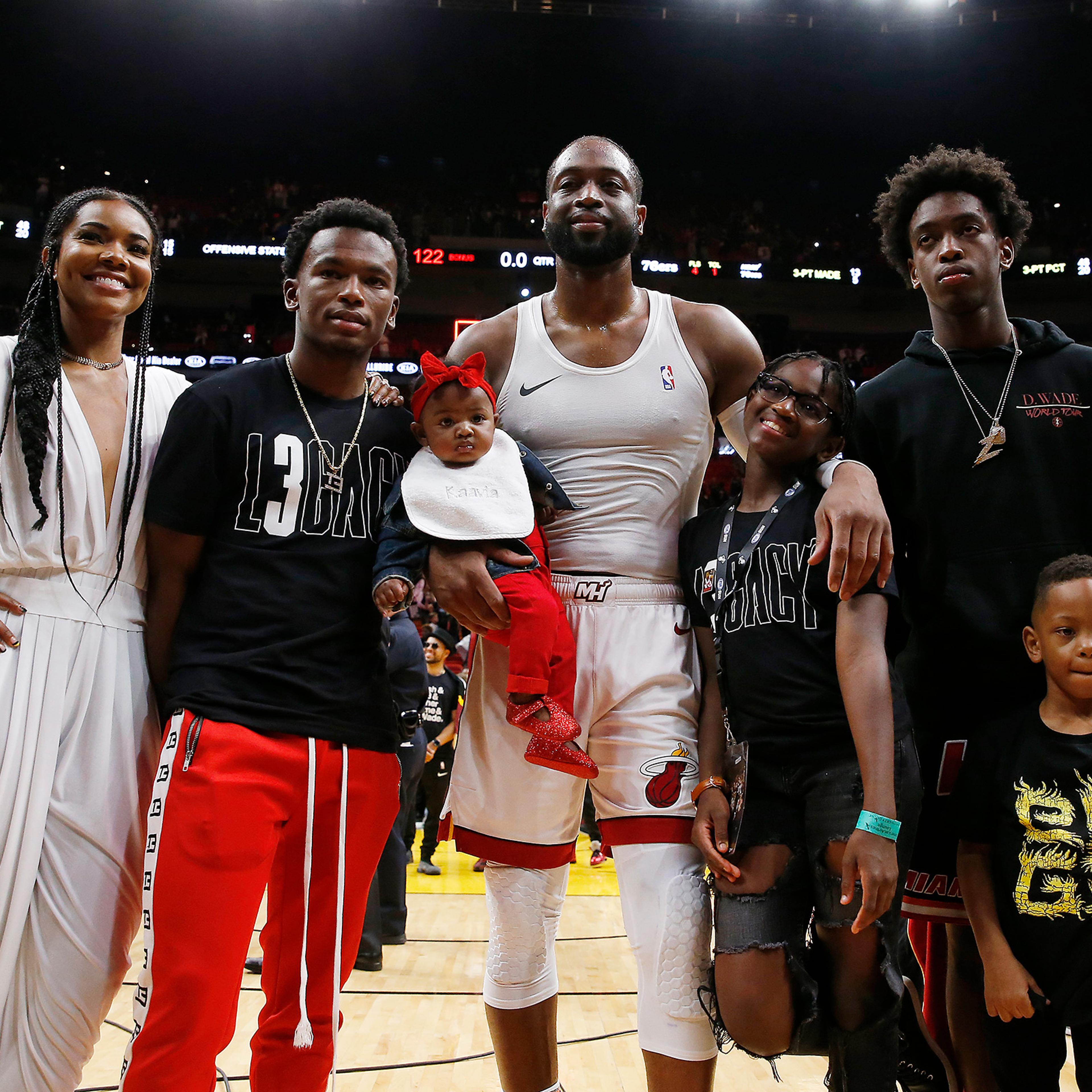 Gabrielle Union and Dwyane Wade with, from left, nephew, Dahveon Morris, and children, Kaavia James Union Wade, Zaya Wade, Xavier Wade and Zaire Wade in Miami, on April 09, 2019.