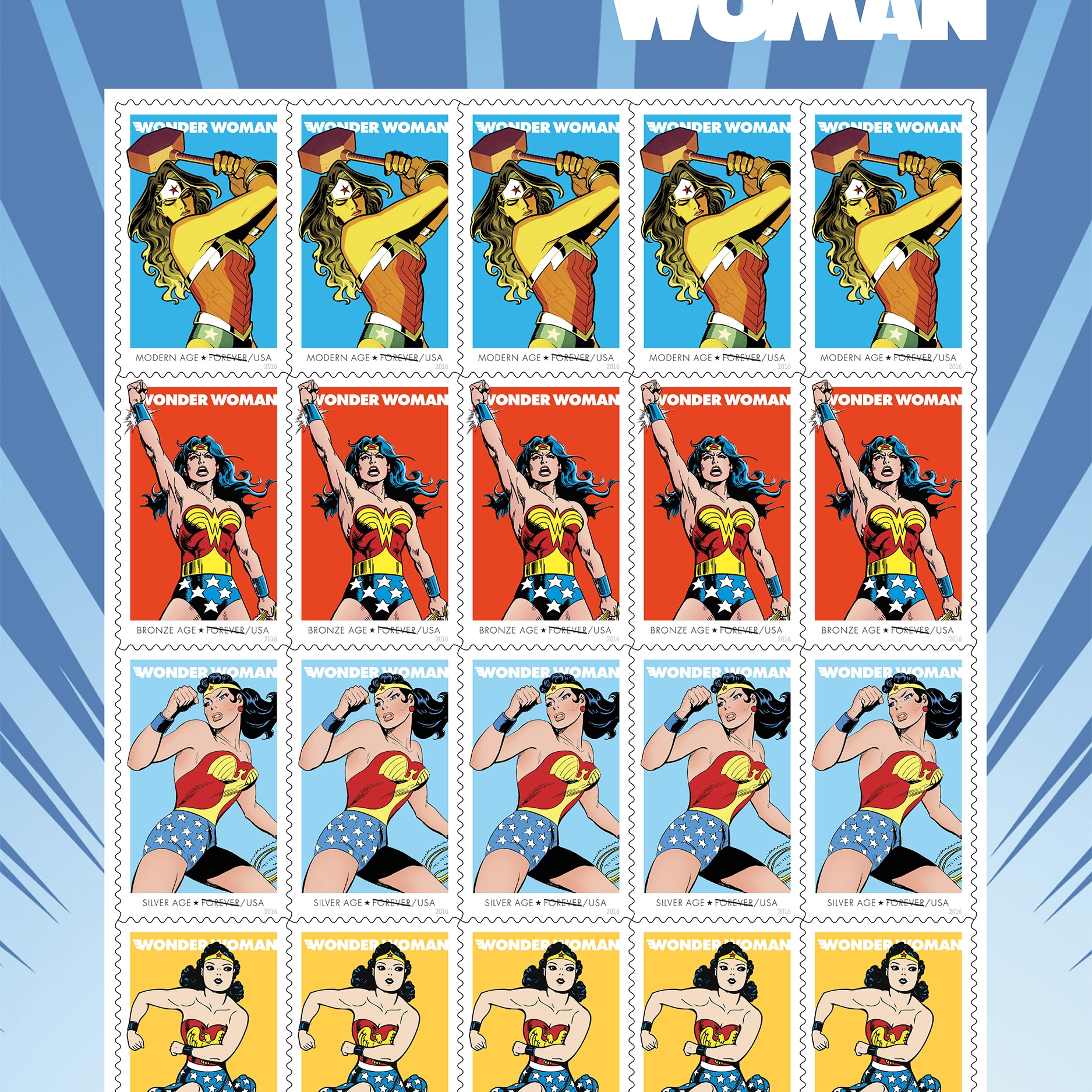 The U.S. Postal Service revealed its newest Wonder Woman stamps The U.S. Postal Service revealed its newest Wonder Woman stamps in honor of the superhero’s 75th anniversary on July 21, 2016 in honor of the superhero’s 75th anniversary.