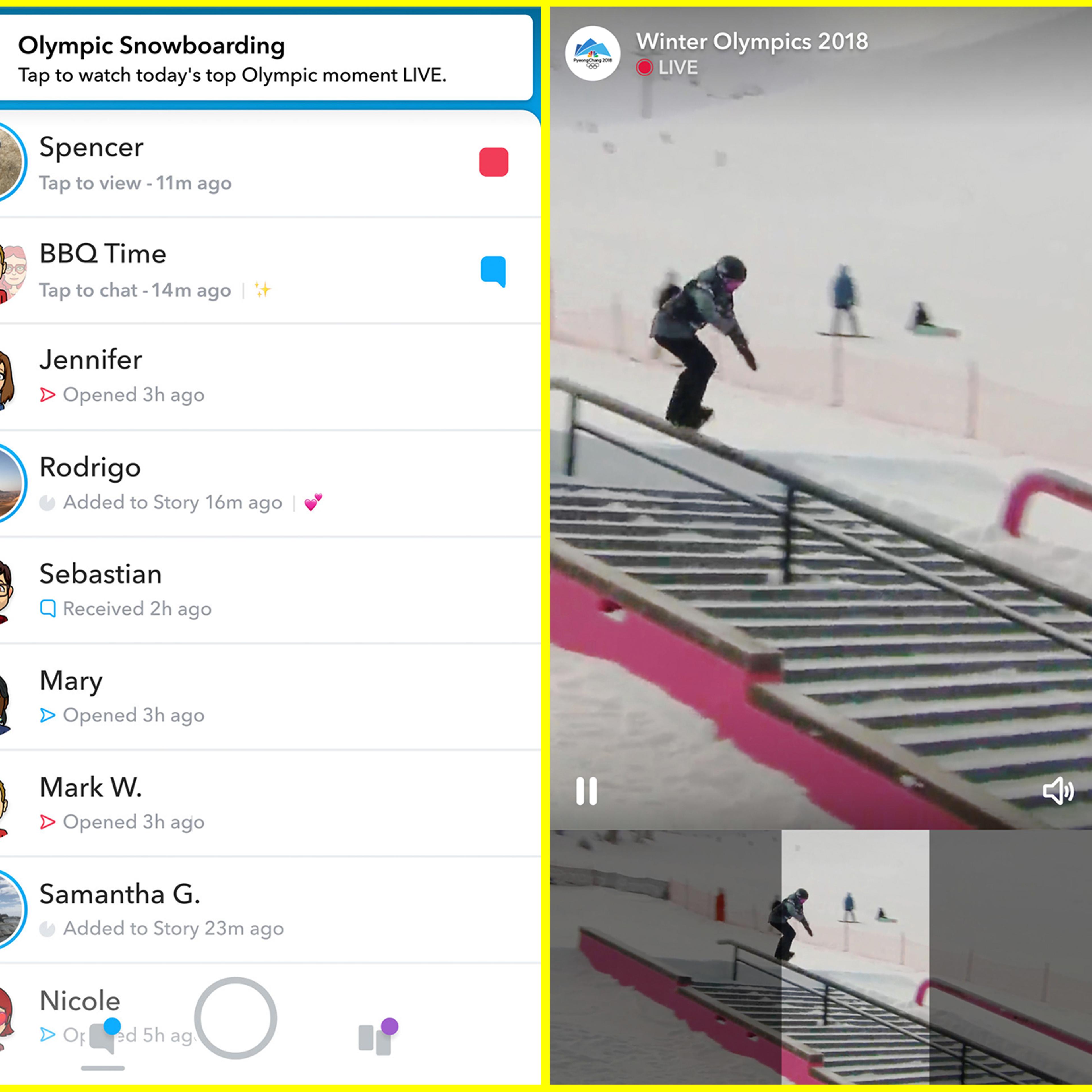 In partnership with NBC, Snapchat will air live segments from the 2018 Winter Olympics.