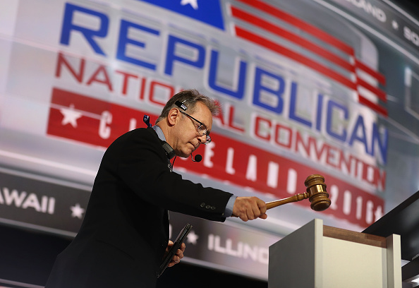 A worker tests the sound system for the opening gavel as last minute preperations are done at the Quicken Loans Arena before the arrival delegates on day one of the Republican National Convention on July 18, 2016 in Cleveland, Ohio.