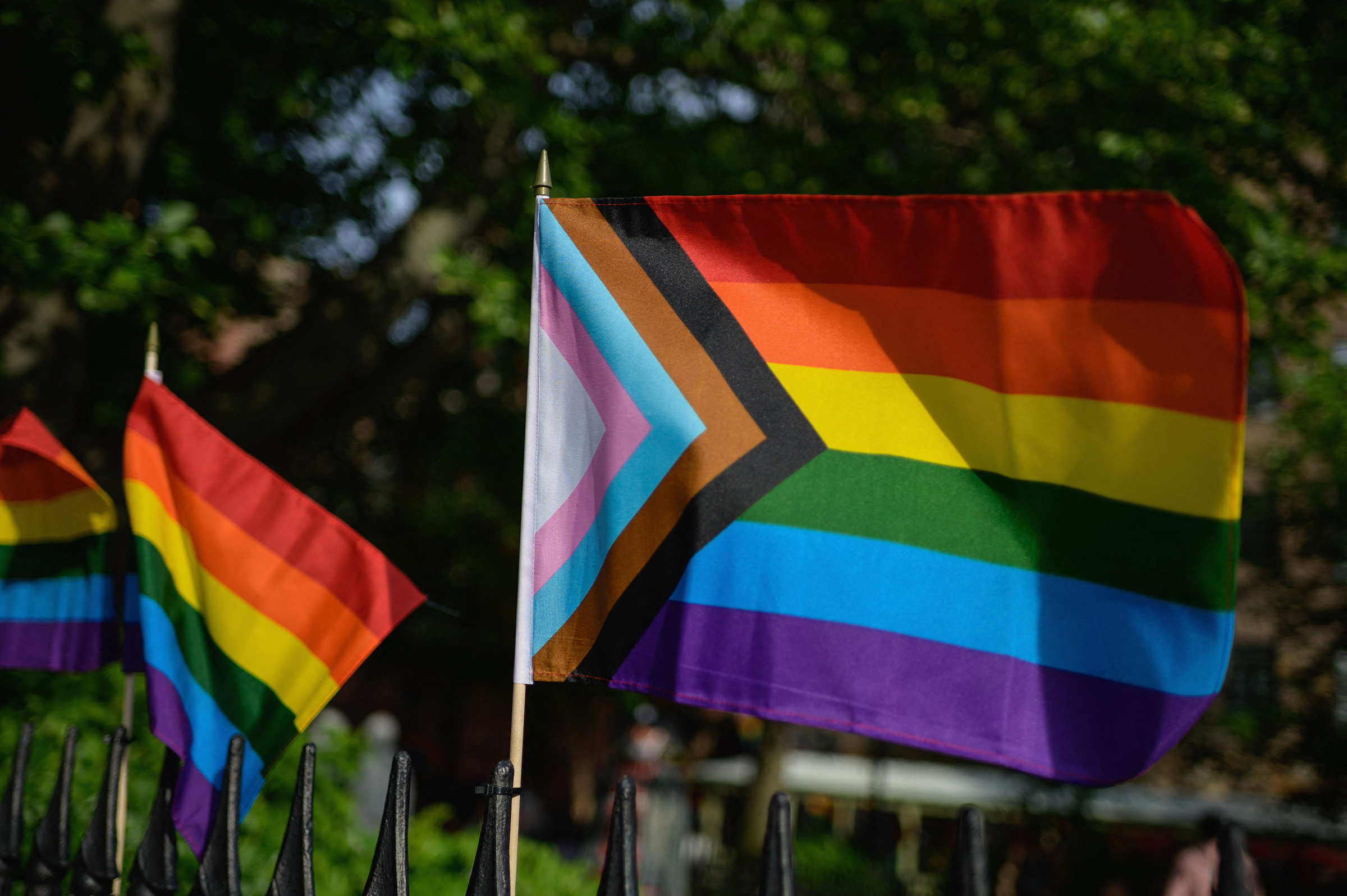 A Progress Pride flag alongside rainbow flags are seen at the Stonewall National Monument, the first US national monument dedicated to LGBTQ history and rights, on June 1, 2020 in New York City.