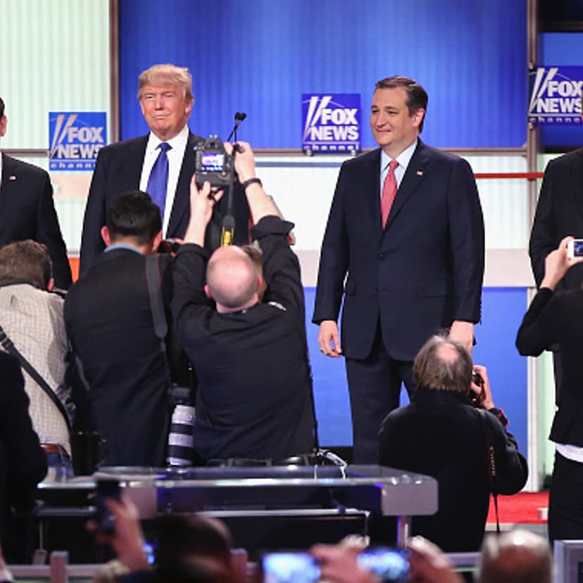 Republican presidential candidates (Lto R) Sen. Marco Rubio (R-FL), Donald Trump, Sen. Ted Cruz (R-TX), and Ohio Gov. John Kasich participate in a debate sponsored by Fox News on March 3, 2016 in Detroit, Michigan.