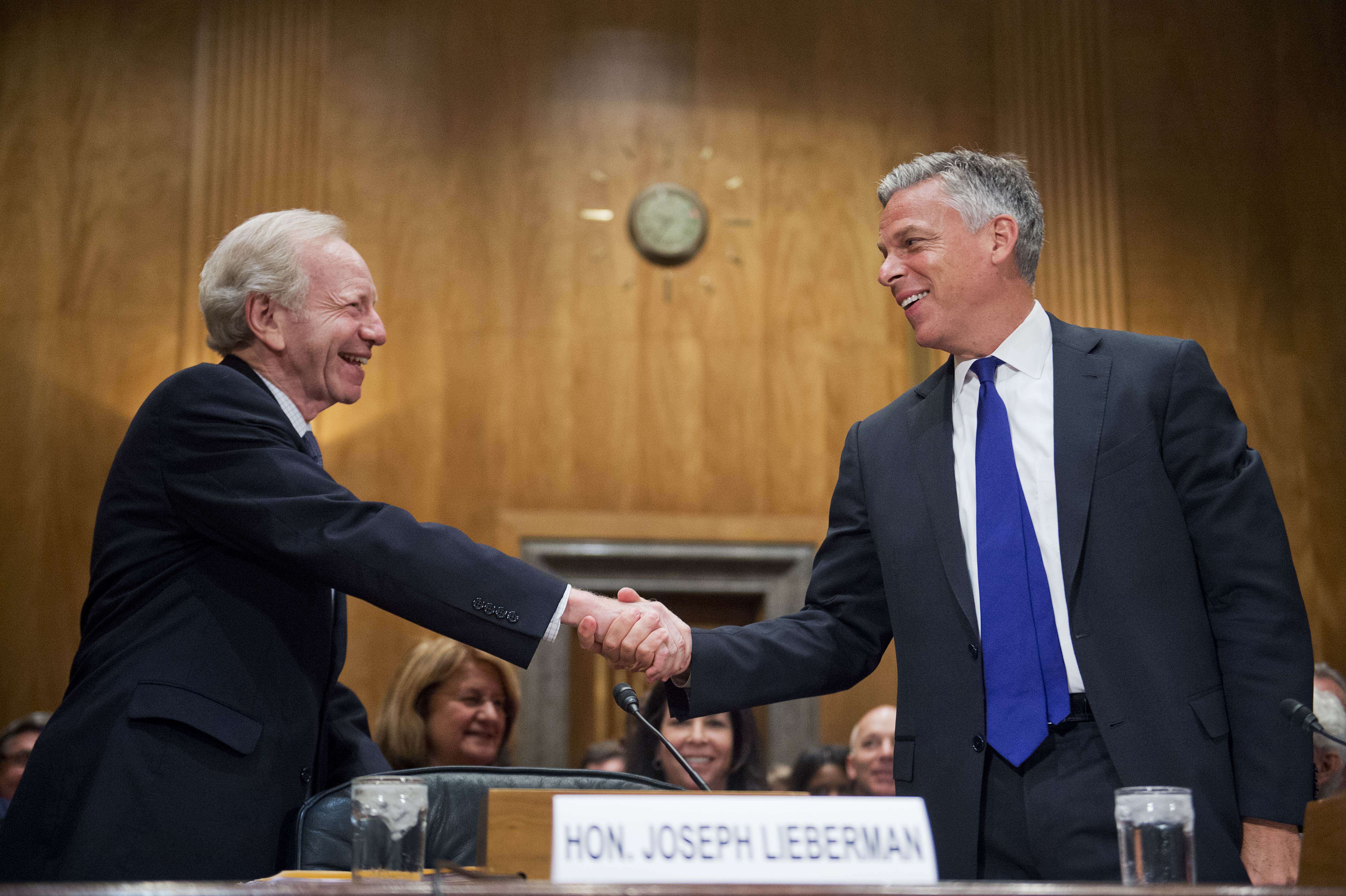 Former Sen. Joseph Lieberman, I-Conn., left, and former Gov. Jon Huntsman Jr., R-Utah, co-chairs of No Labels, arrive for a Senate Homeland Security and Governmental Affairs Committee hearing on June 17, 2015.