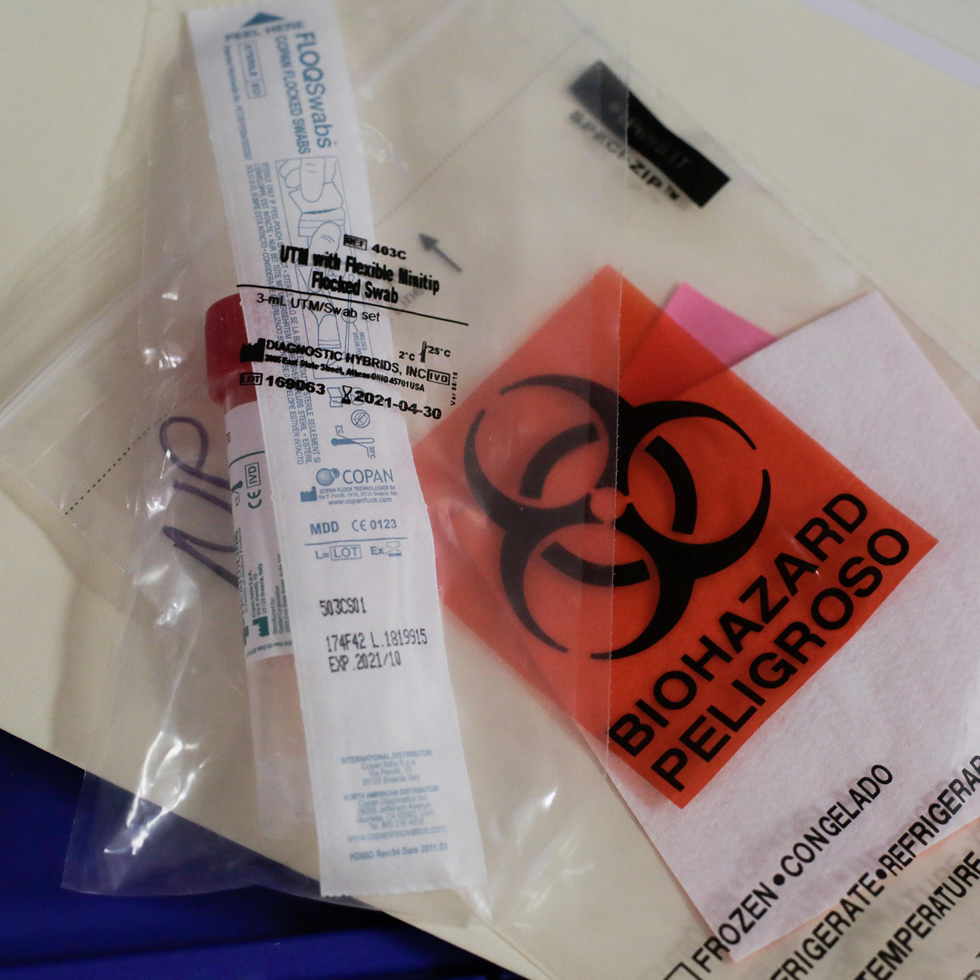 A swab to be used for testing novel coronavirus is seen in the supplies of Harborview Medical Center's home assessment team during preparations to visit the home of a person potentially exposed to novel coronavirus at Harborview Medical Center in Seattle