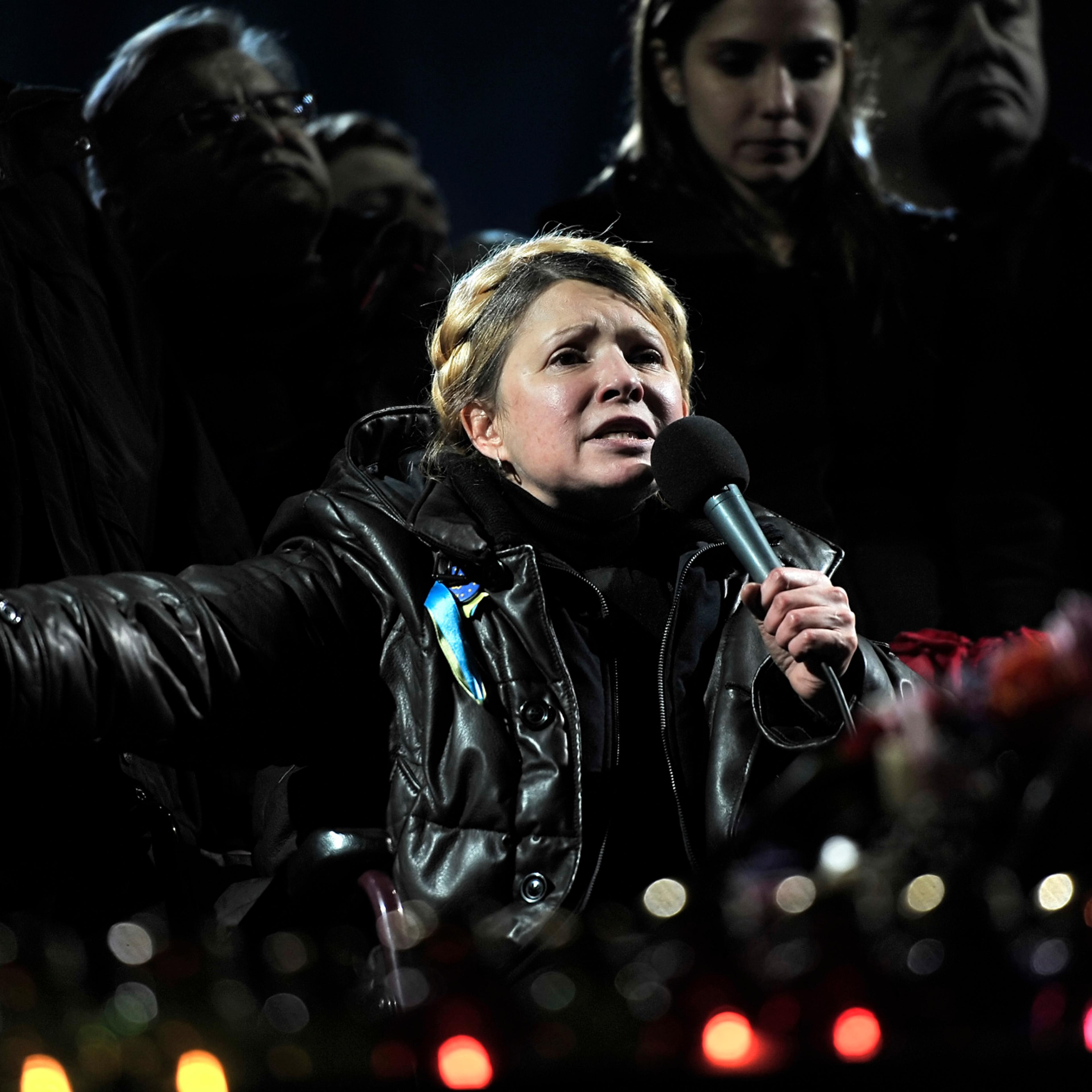 Newly freed Ukrainian opposition icon and former prime minister Yulia Tymoshenko delivers a speech on Kiev's Independance square on February 22, 2014, after her release.