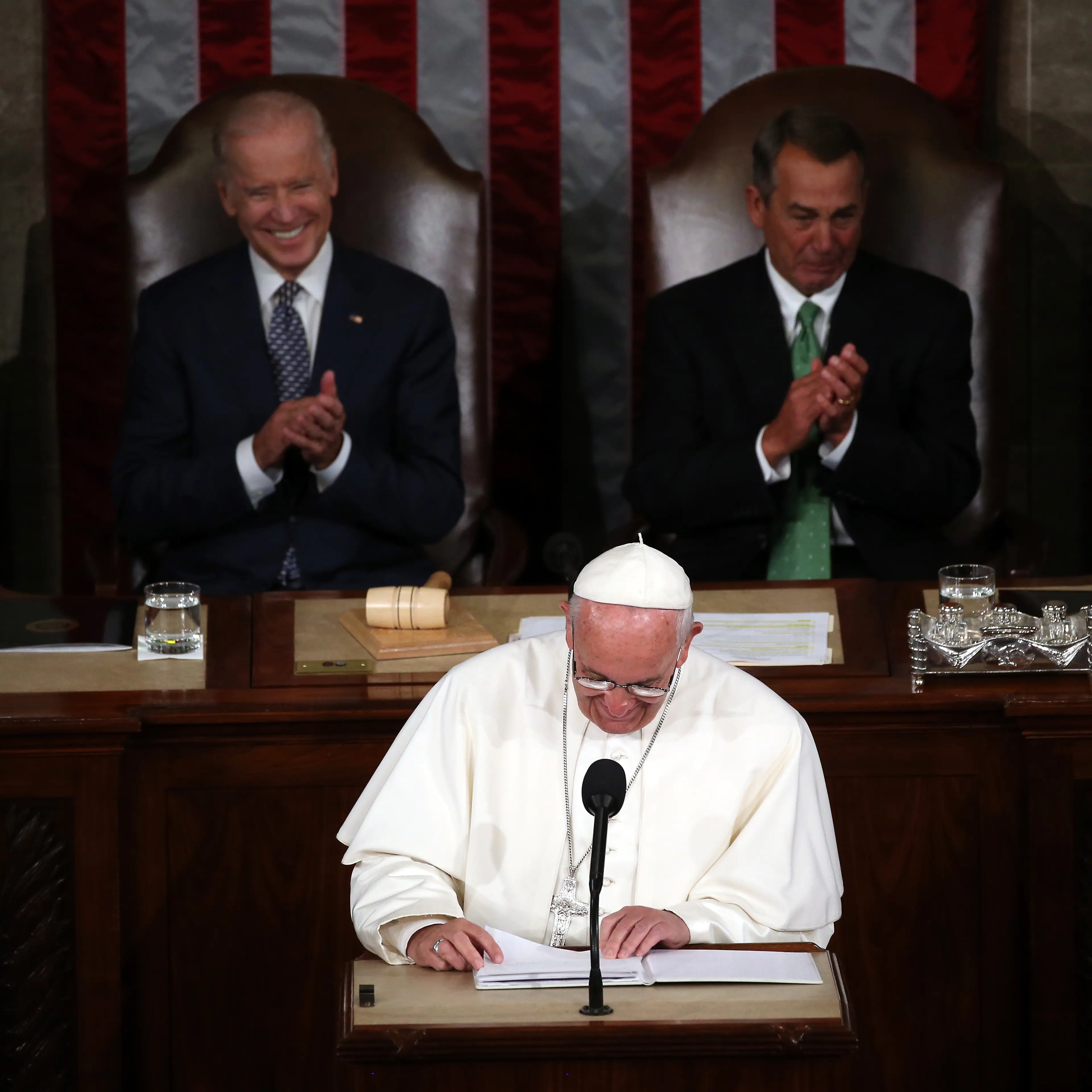 Pope Francis addresses a joint meeting of the U.S. Congress with with Vice President Joe Biden (L) and Speaker of the House John Boehner (R-OH) in the House Chamber of the U.S. Capitol in Washington, D.C., on Sept. 24, 2015.