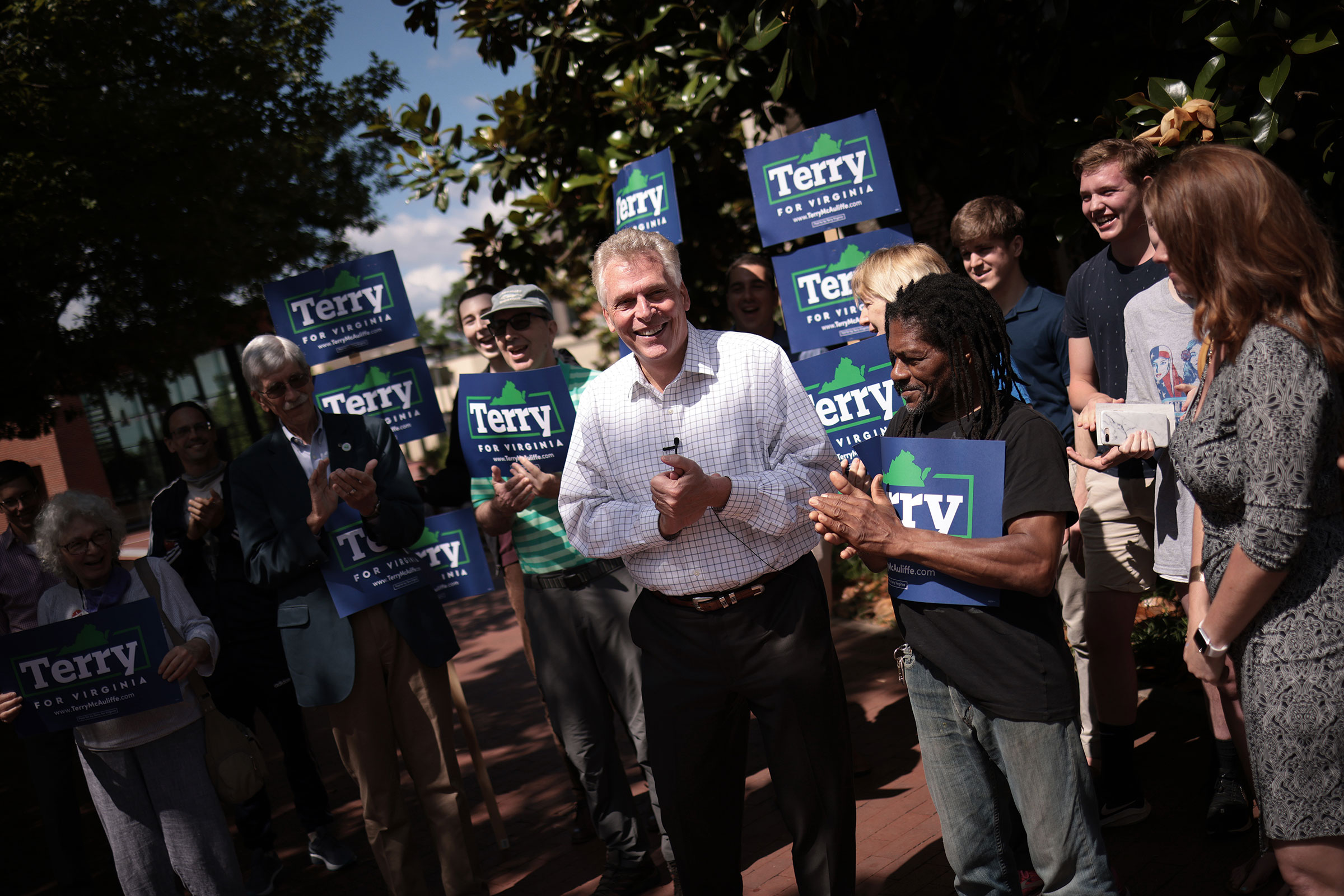 Former Virginia Gov. Terry McAuliffe speaks to supporters while campaigning in Charlottesville, Va. on June 4, 2021.