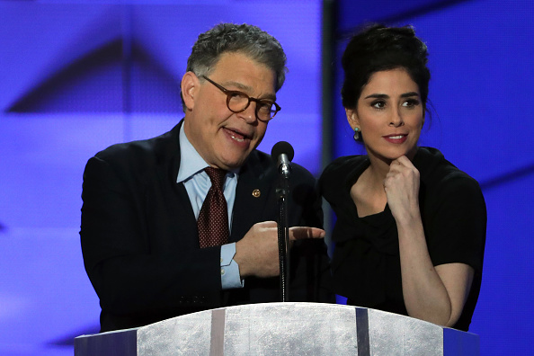 Comedian/actress Sarah Silverman speaks as Sen. Al Franken (D-MN) looks on during the first day of the Democratic National Convention at the Wells Fargo Center, July 25, 2016 in Philadelphia, Pennsylvania.