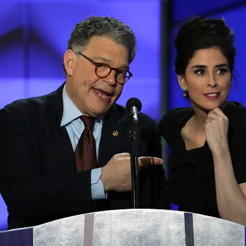 Comedian/actress Sarah Silverman speaks as Sen. Al Franken (D-MN) looks on during the first day of the Democratic National Convention at the Wells Fargo Center, July 25, 2016 in Philadelphia, Pennsylvania.
