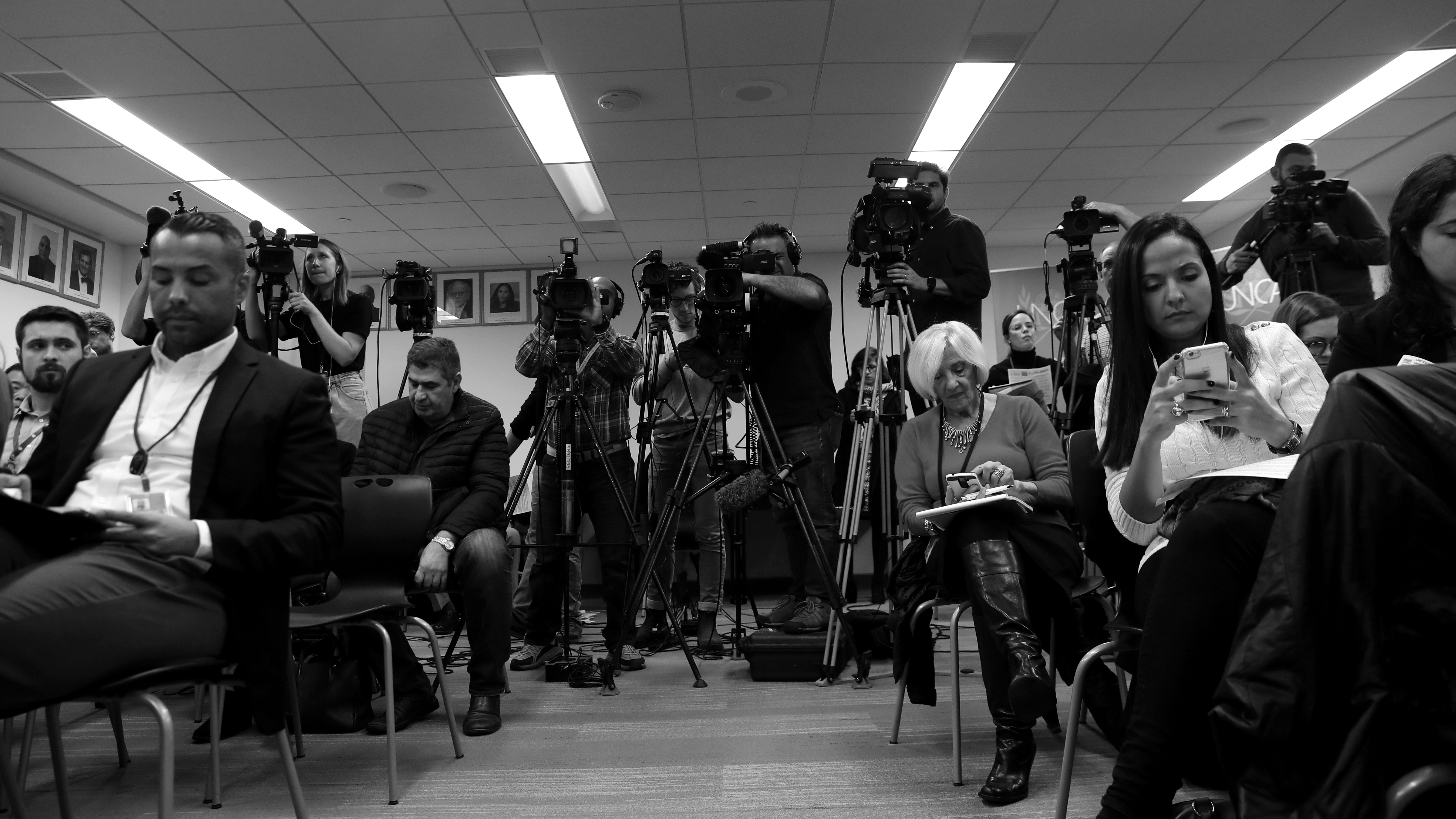 Members of the media attend a news conference to issue an appeal to the UN on the disappearance of Saudi journalist Jamal Khashoggi at the United Nations in New York