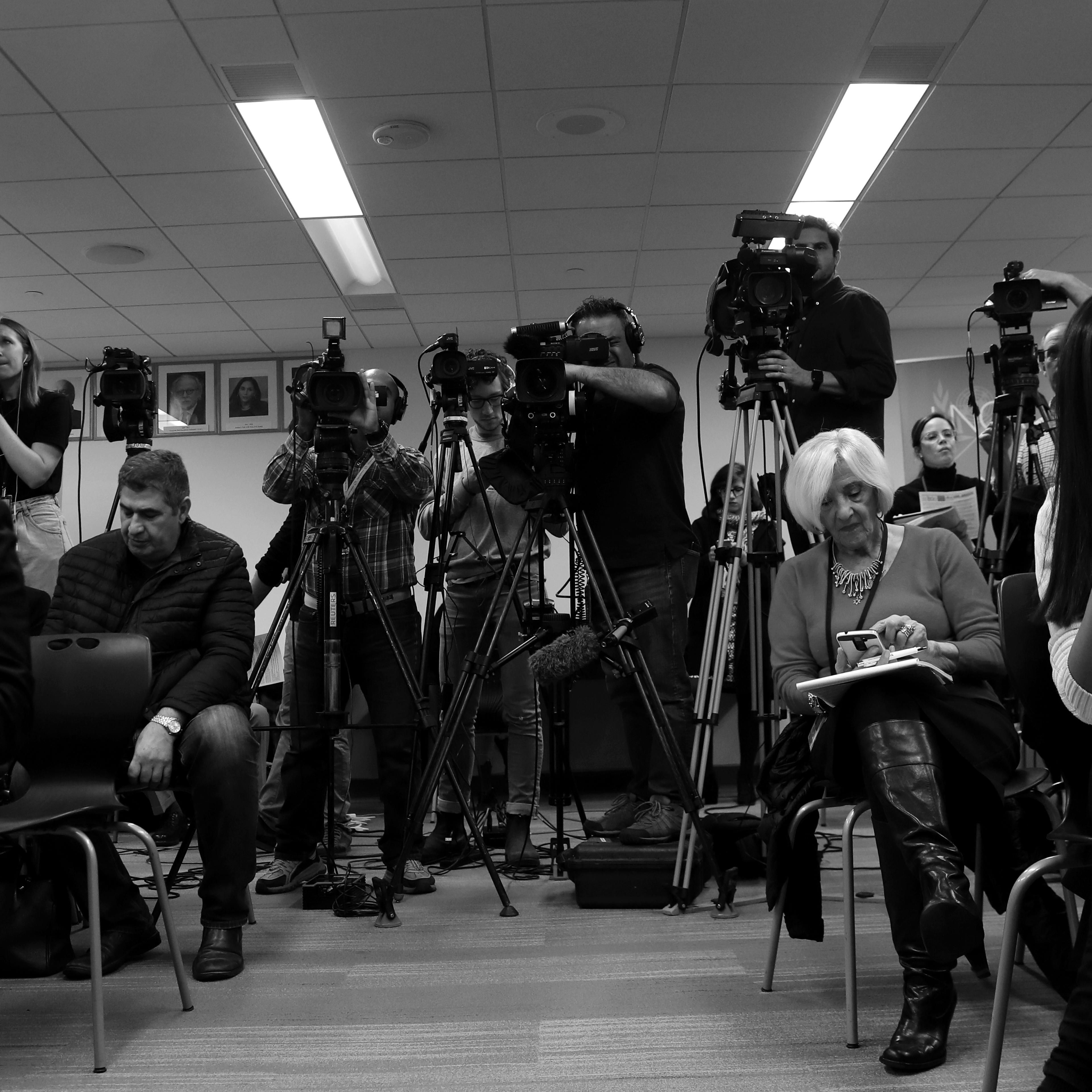 Members of the media attend a news conference to issue an appeal to the UN on the disappearance of Saudi journalist Jamal Khashoggi at the United Nations in New York