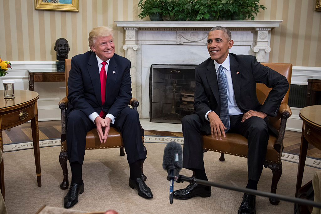 President Barack Obama and President-elect Donald Trump talk to members of the media during a meeting in the Oval Office of the White House in Washington on Nov. 10, 2016.