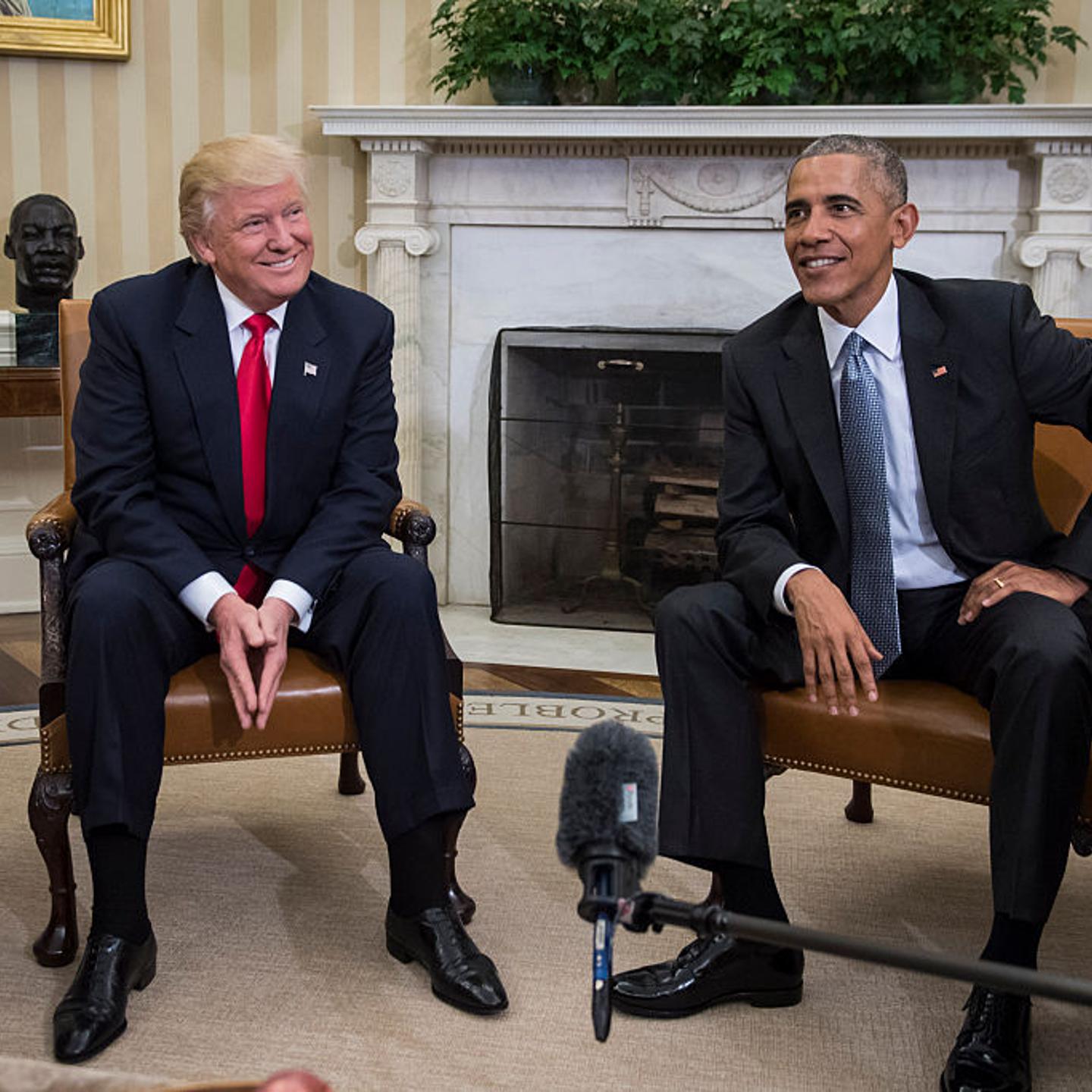 President Barack Obama and President-elect Donald Trump talk to members of the media during a meeting in the Oval Office of the White House in Washington on Nov. 10, 2016.