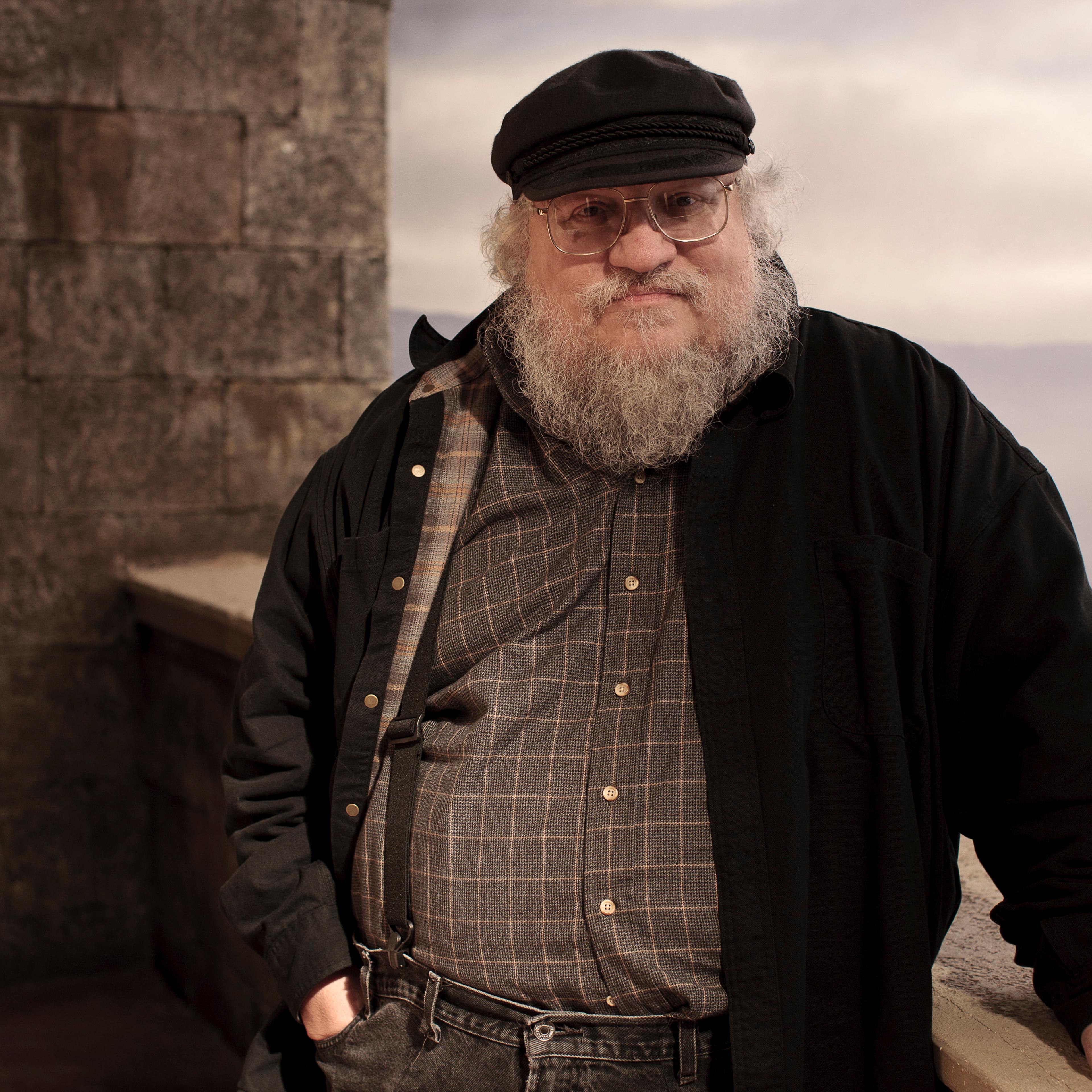 Author George R.R. Martin whose novel series has been adapted into the HBO series "Game of Thrones," is shown on the set.