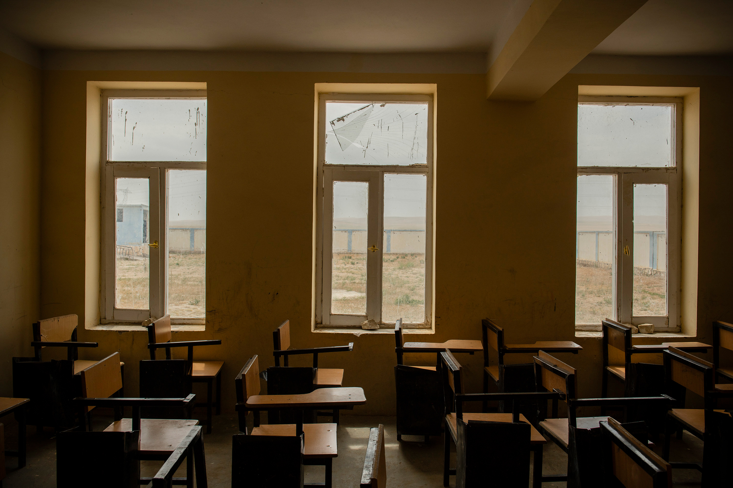 A school that was damaged during a battle between Afghan government forces and the Taliban just outside Sheberghan, northern Afghanistan, on May 4, 2021.