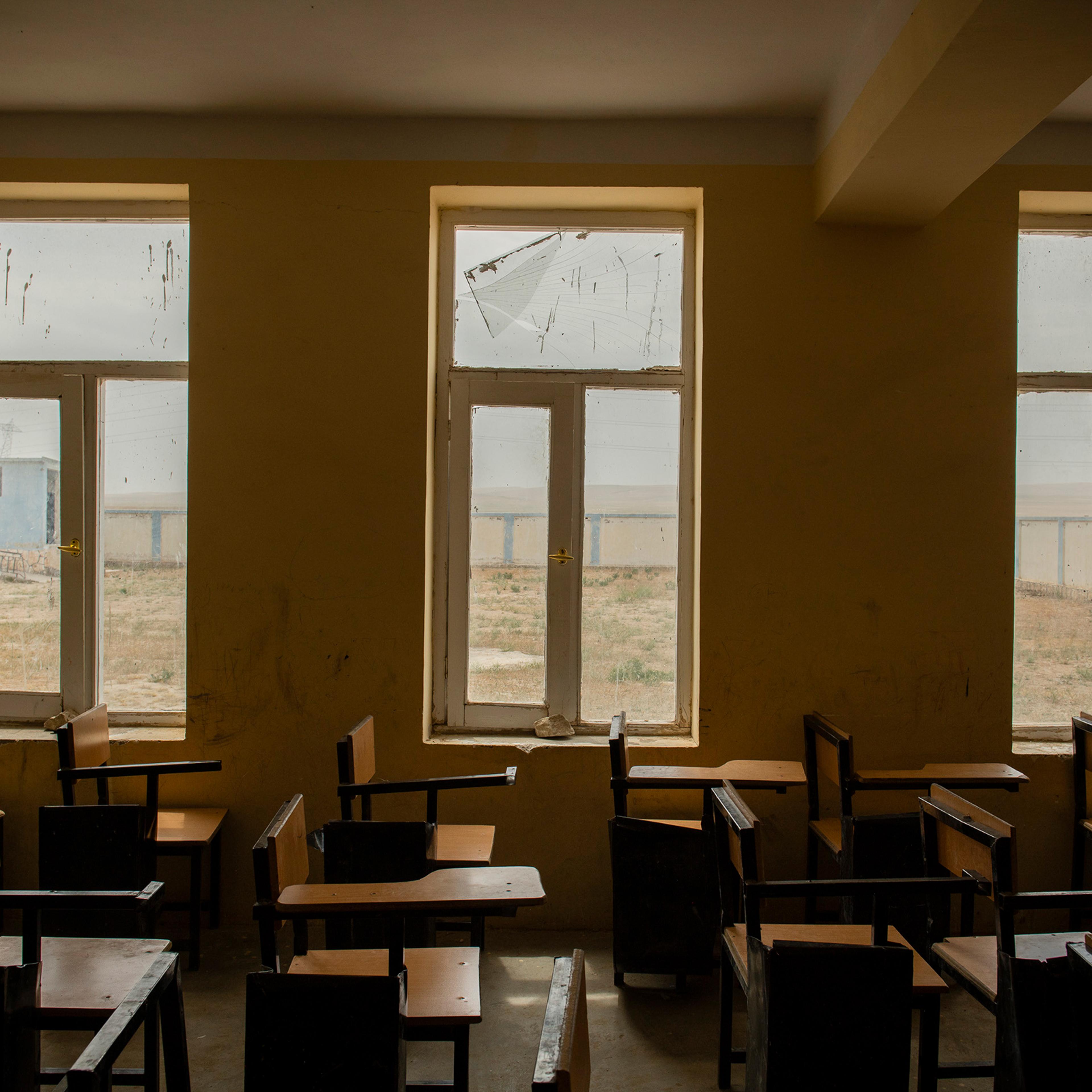 A school that was damaged during a battle between Afghan government forces and the Taliban just outside Sheberghan, northern Afghanistan, on May 4, 2021.