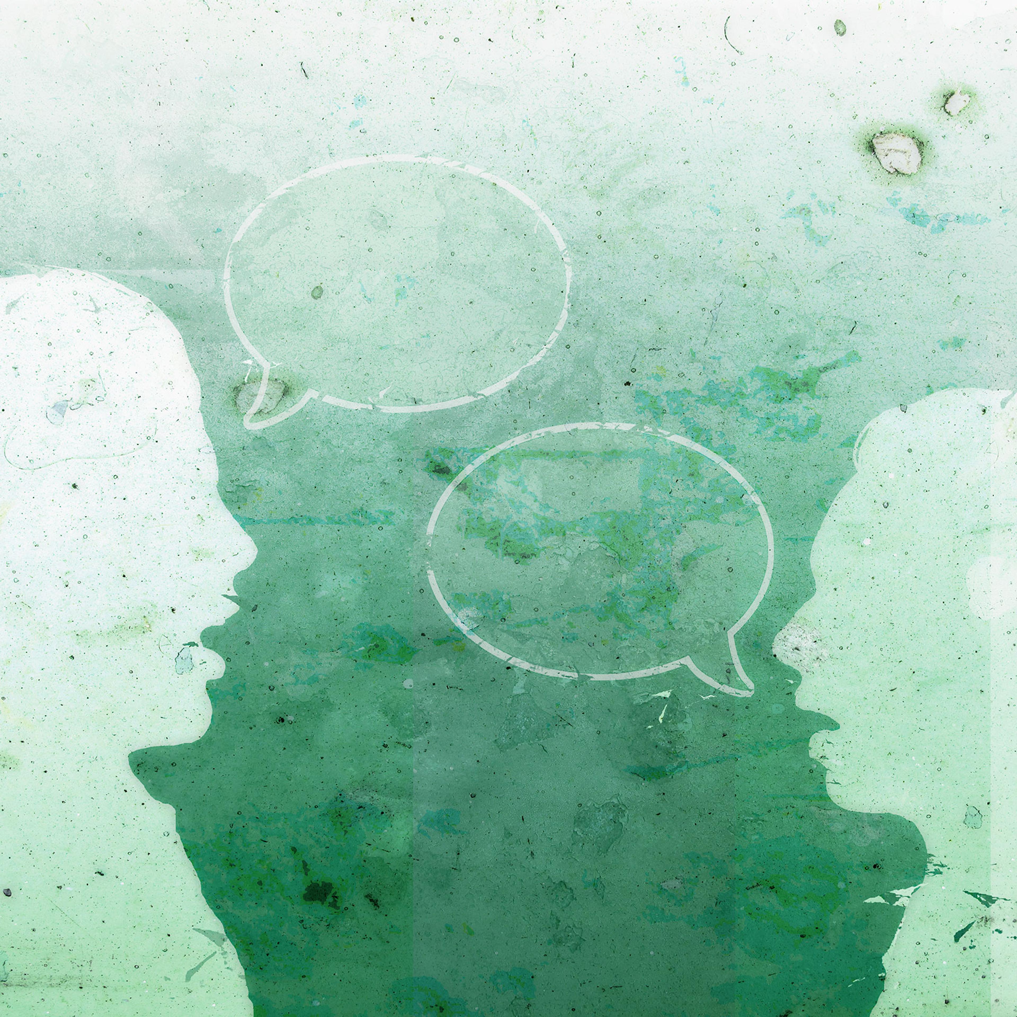 A man with an empty speech bubble facing a woman with an empty speech bubble