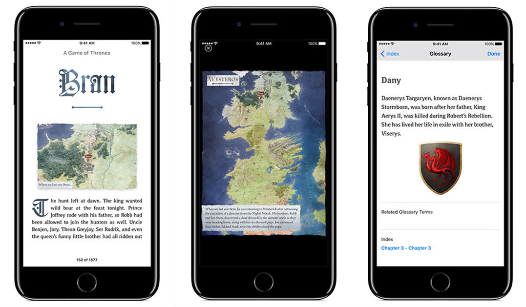 Screenshots of the enhanced edition show a chapter opener, a map of Westeros and a character entry in the glossary.