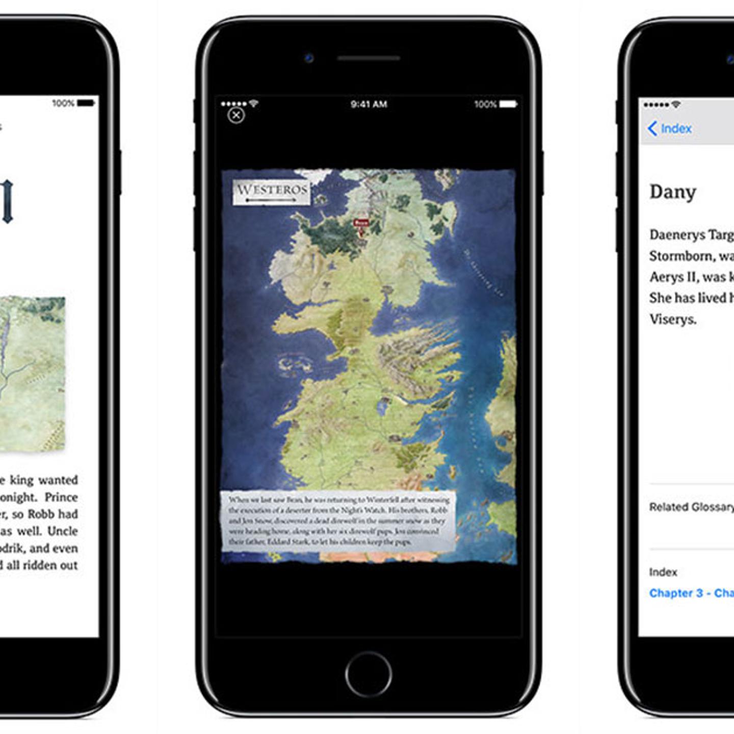 Screenshots of the enhanced edition show a chapter opener, a map of Westeros and a character entry in the glossary.