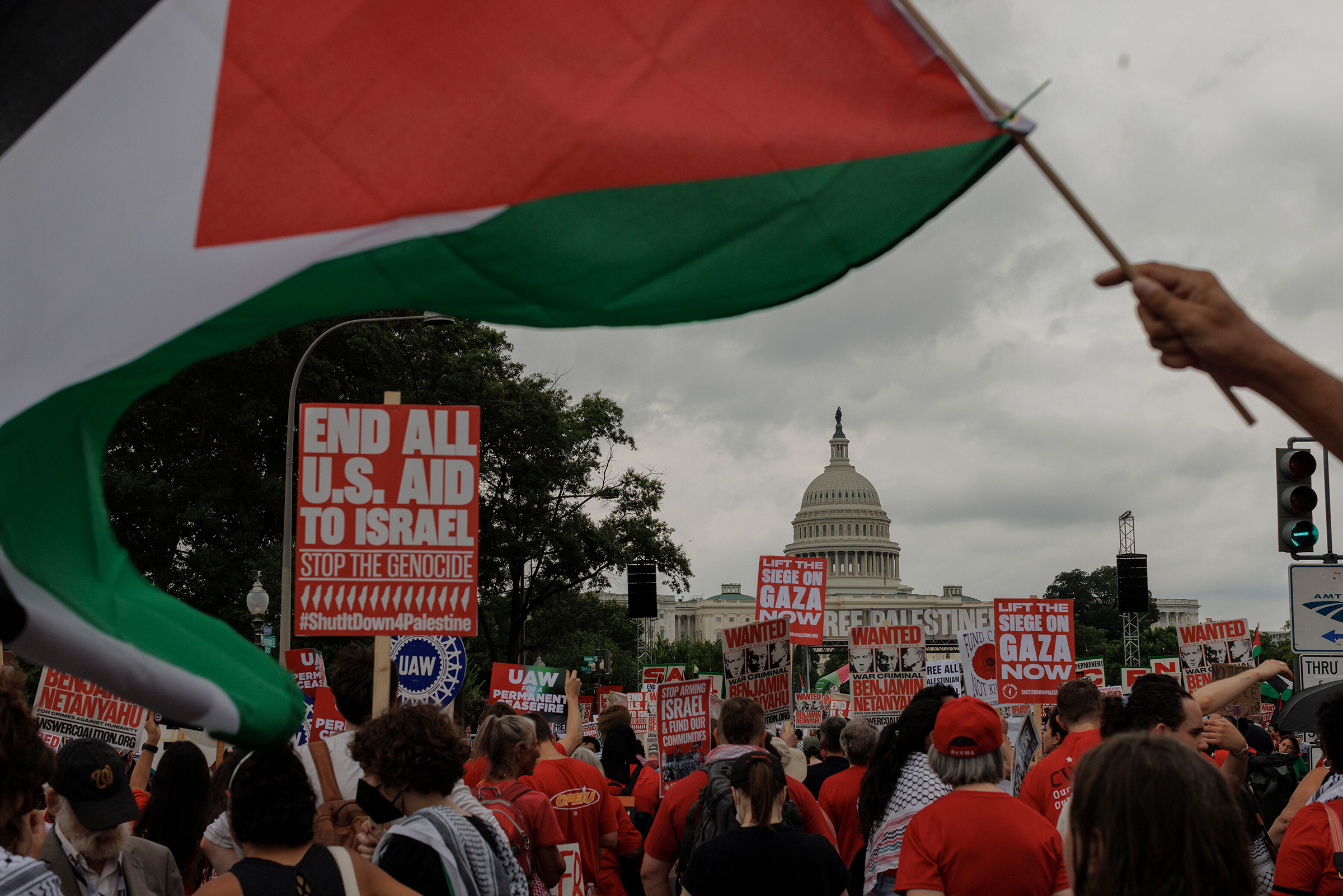 Pro-Palestinian demonstrators gather near the U.S. Capitol in Washington ahead of an address by Prime Minister Benjamin Netanyahu of Israel to a joint session of Congress on July 24.