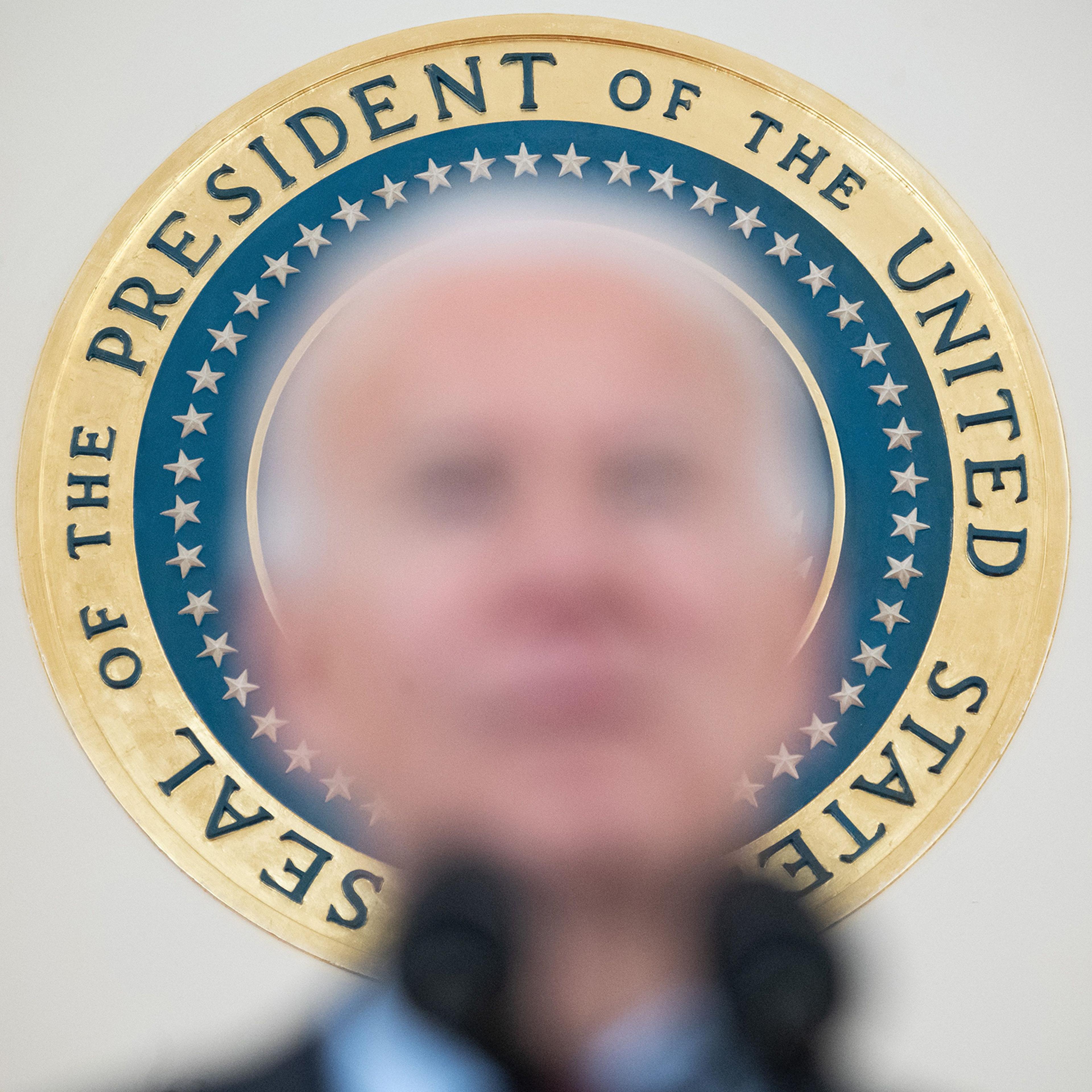 The seal of the President of the United States is seen as President Joe Biden speaks about lives lost to COVID-19 after the death toll passed 500,000, at the White House on Feb. 22, 2021.