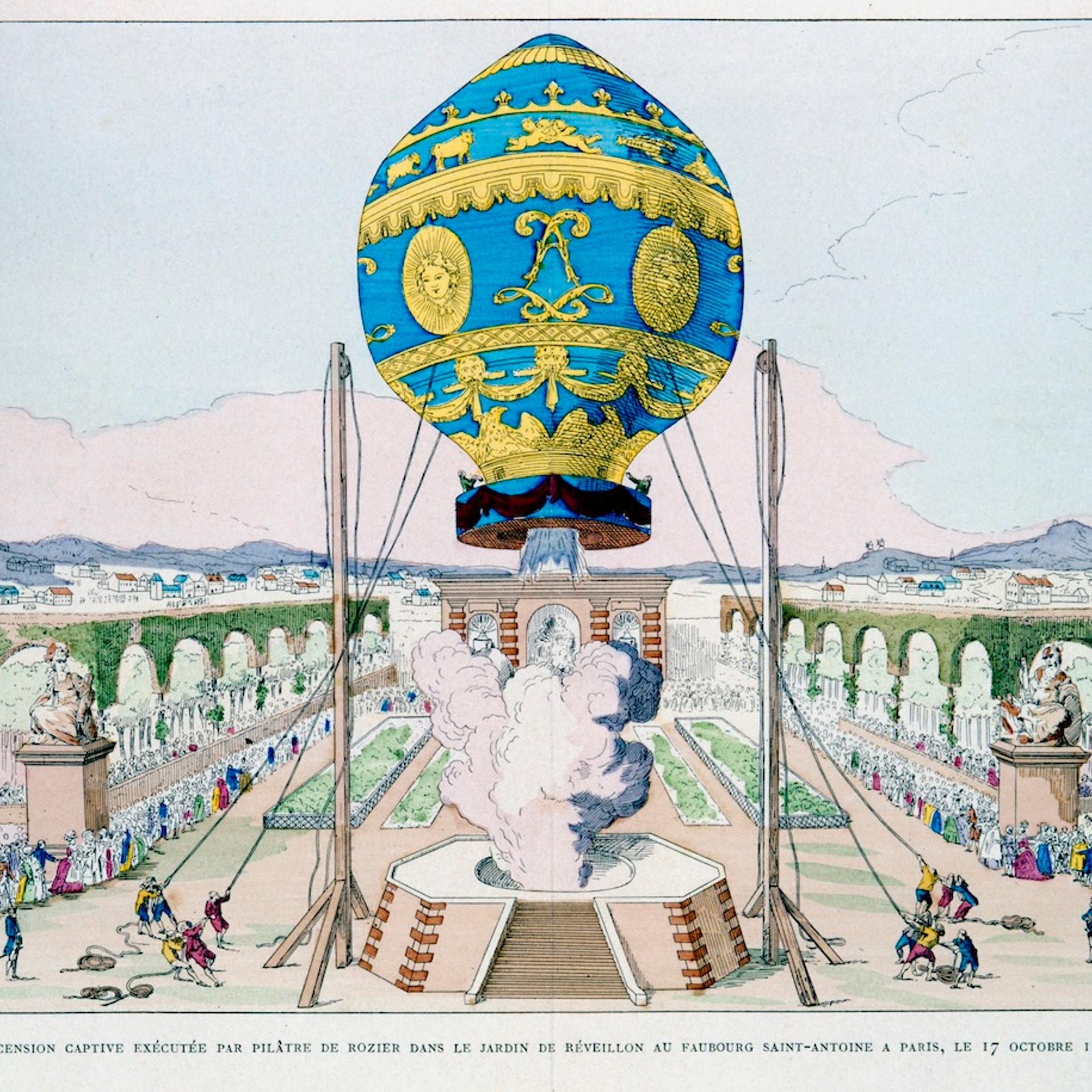 Ascent in captive hot air balloon made by Pilatre de Rozier, Paris, 11 October 1783 (1887). Artist: Anon