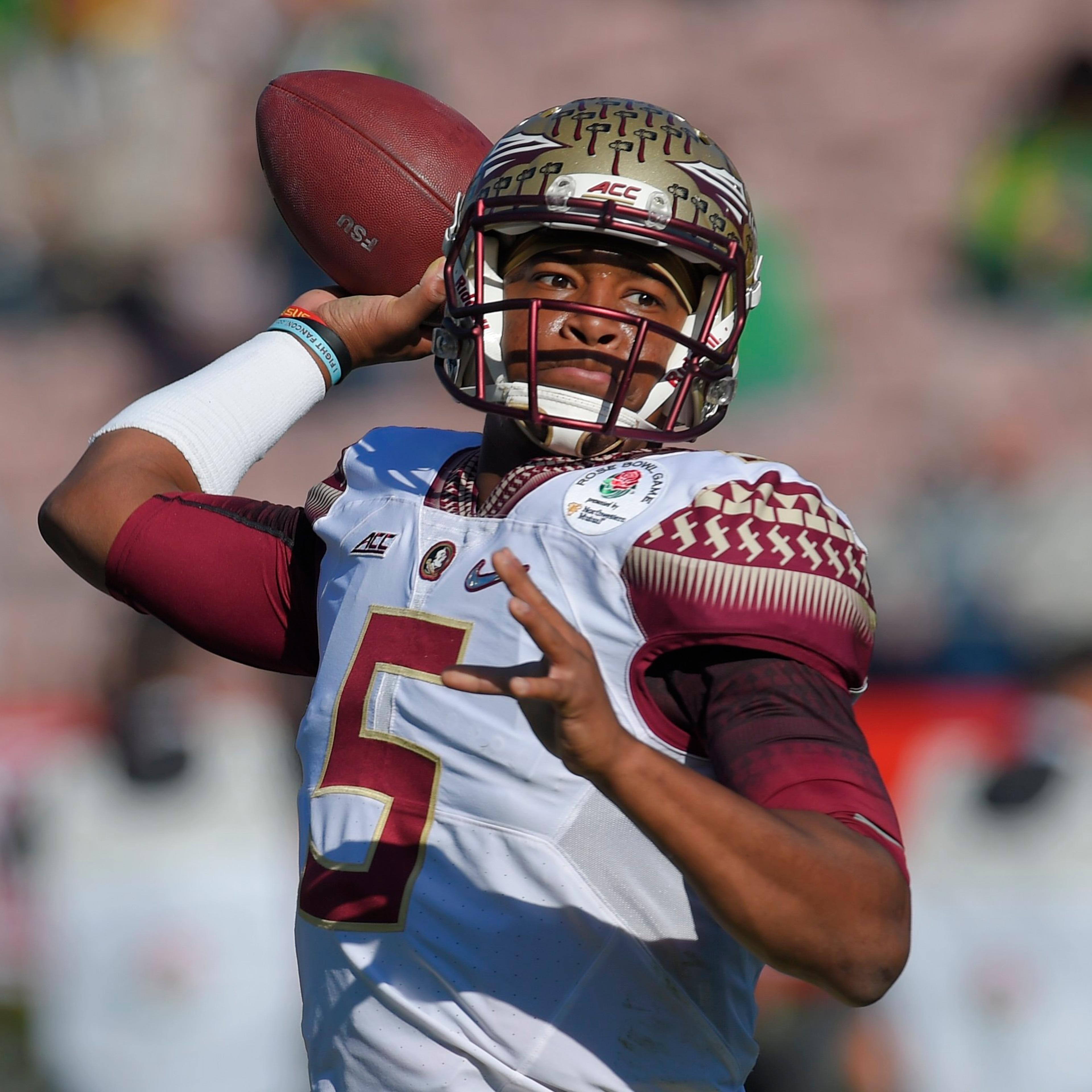 Quarterback Jameis Winston passes against Oregon during the first half of the Rose Bowl NCAA college football playoff semifinal, in Pasadena, Calif. on Jan. 1, 2015.