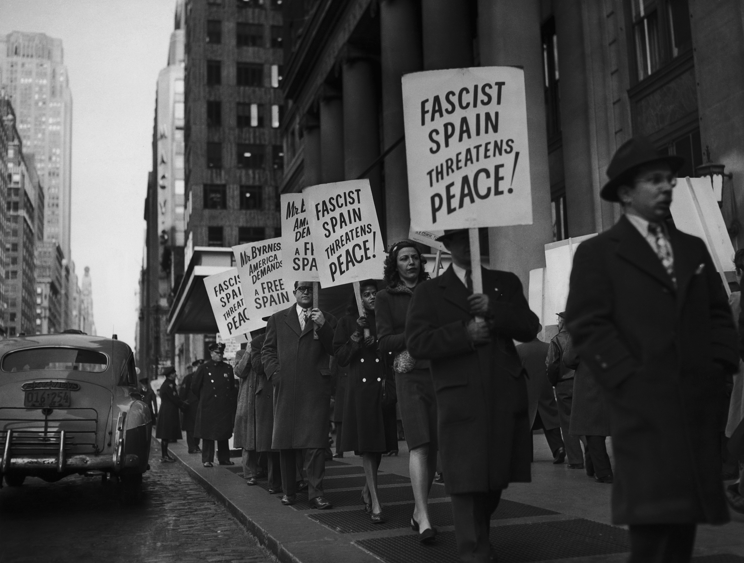 A demonstration against Francisco Franco outside the headquarters of the United States delegation to the United Nations in the Hotel Pennsylvania in New York City, Jan. 2, 1946.