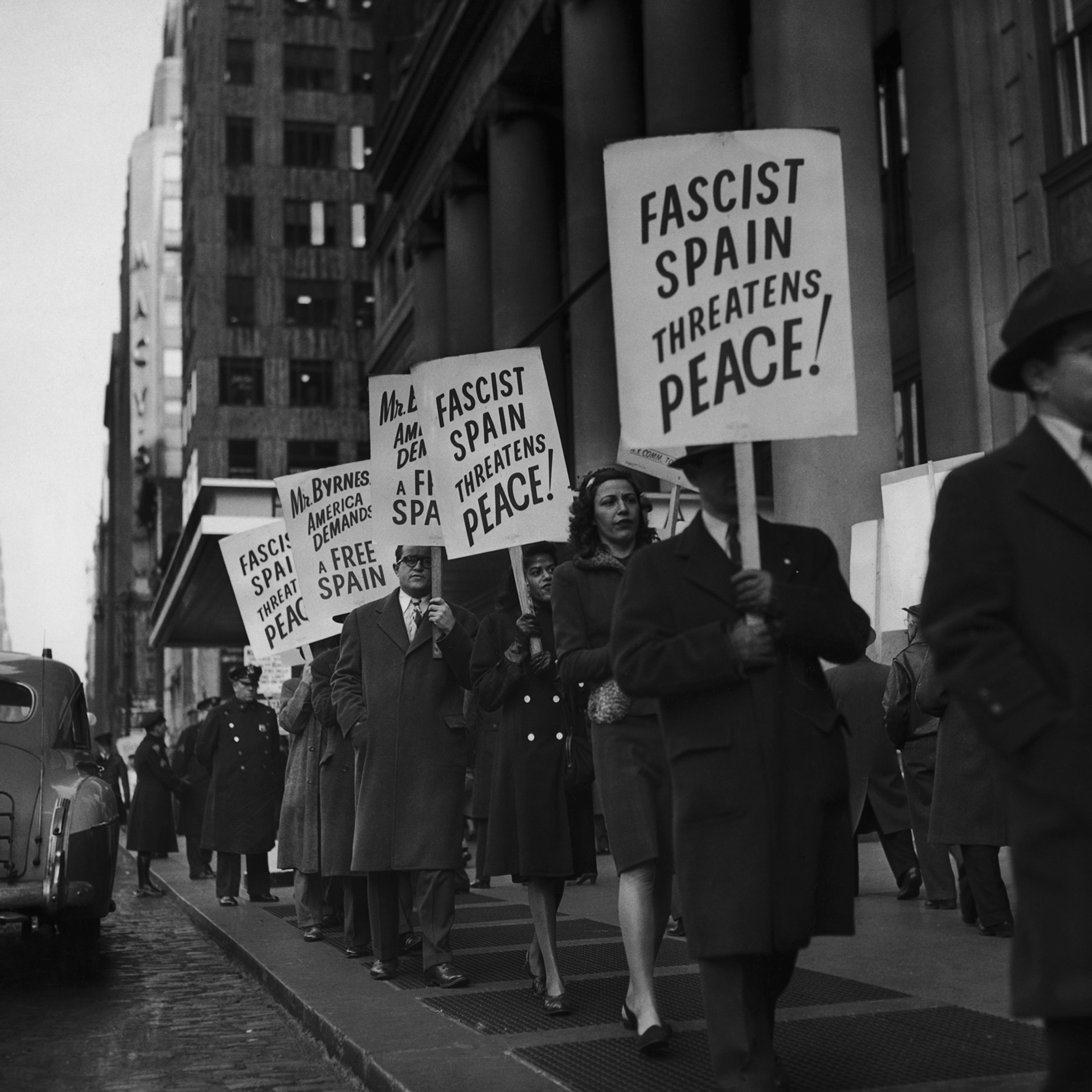 A demonstration against Francisco Franco outside the headquarters of the United States delegation to the United Nations in the Hotel Pennsylvania in New York City, Jan. 2, 1946.