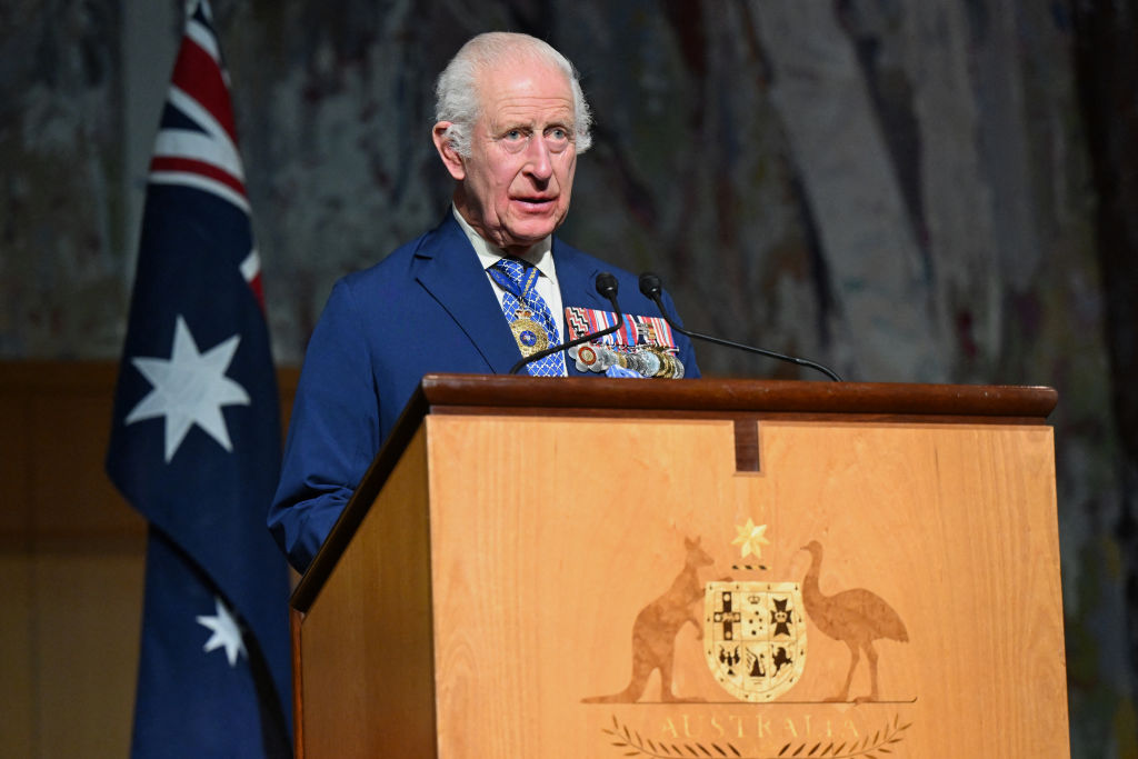 Britain's King Charles III delivers a speech while attending a Parliamentary reception at Parliament House in Canberra on Oct. 21, 2024.
