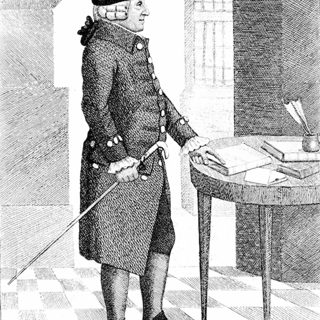 Adam Smith (1723-1790) Scottish philosopher and economist, standing wearing hat and wig and carrying cane, pointing to book on table. Author of Inquiry into the Nature and Causes of the Wealth of Nations 1776. Etching by John Kay, Edinburgh 1790.