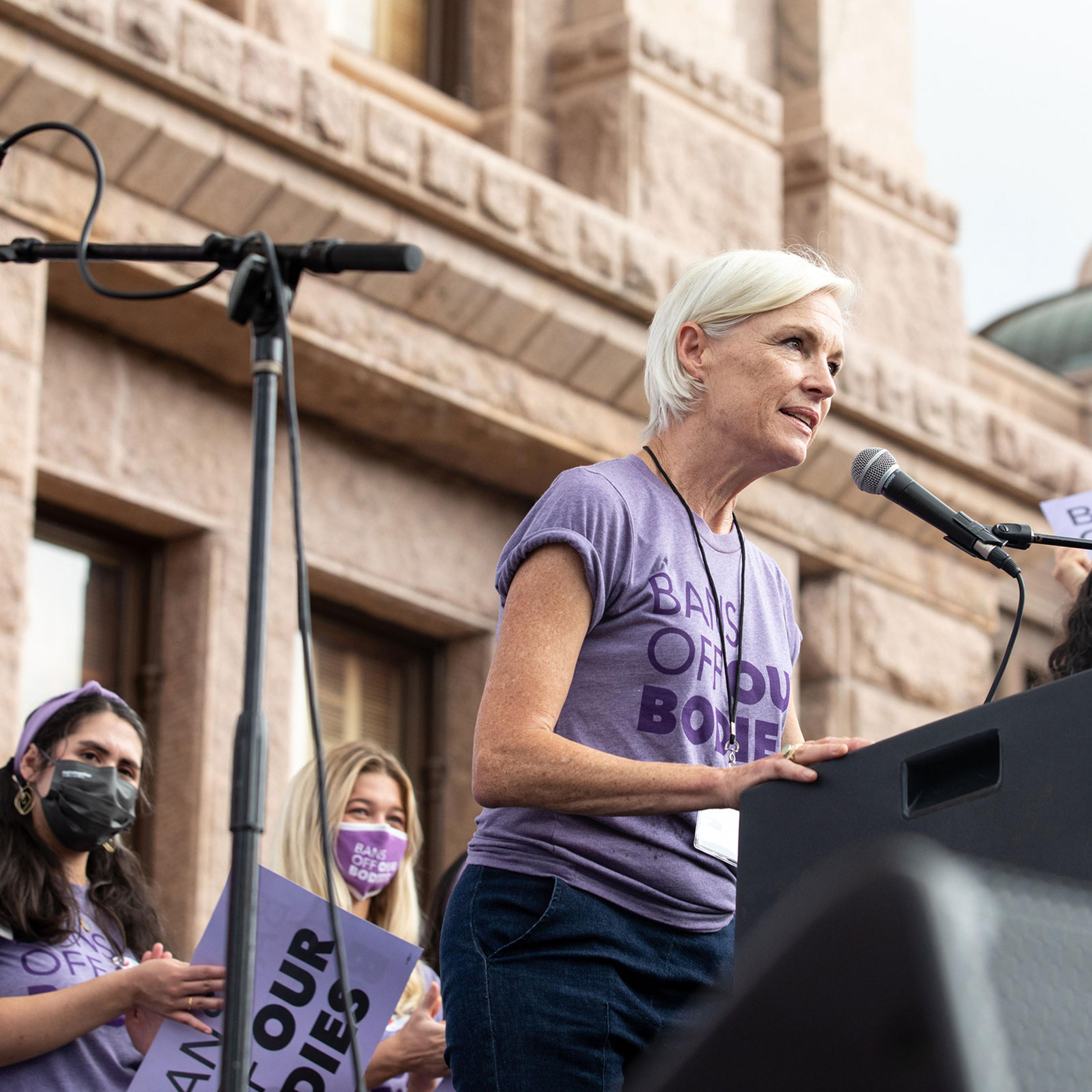Cecile Richards, former president of Planned Parenthood, addresses a crowd of demonstrators during a women's march for abortion rights outside the Texas state Capitol in Austin, Saturday, Oct. 2, 2021. (Ilana Panich-Linsman/The New York Times)