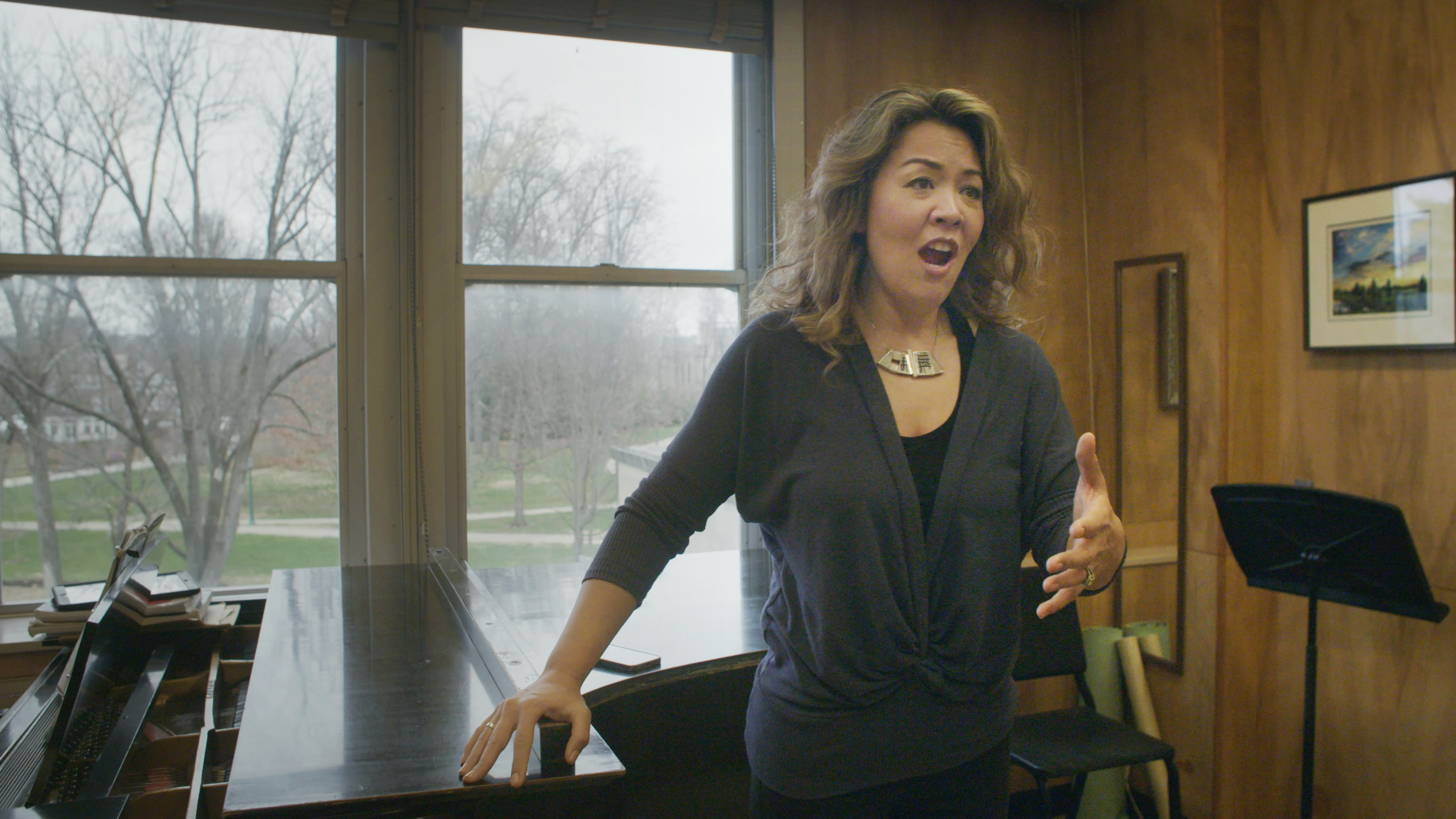 Mezzo soprano opera singer Nina Yoshida Nelsen rehearses for a performance