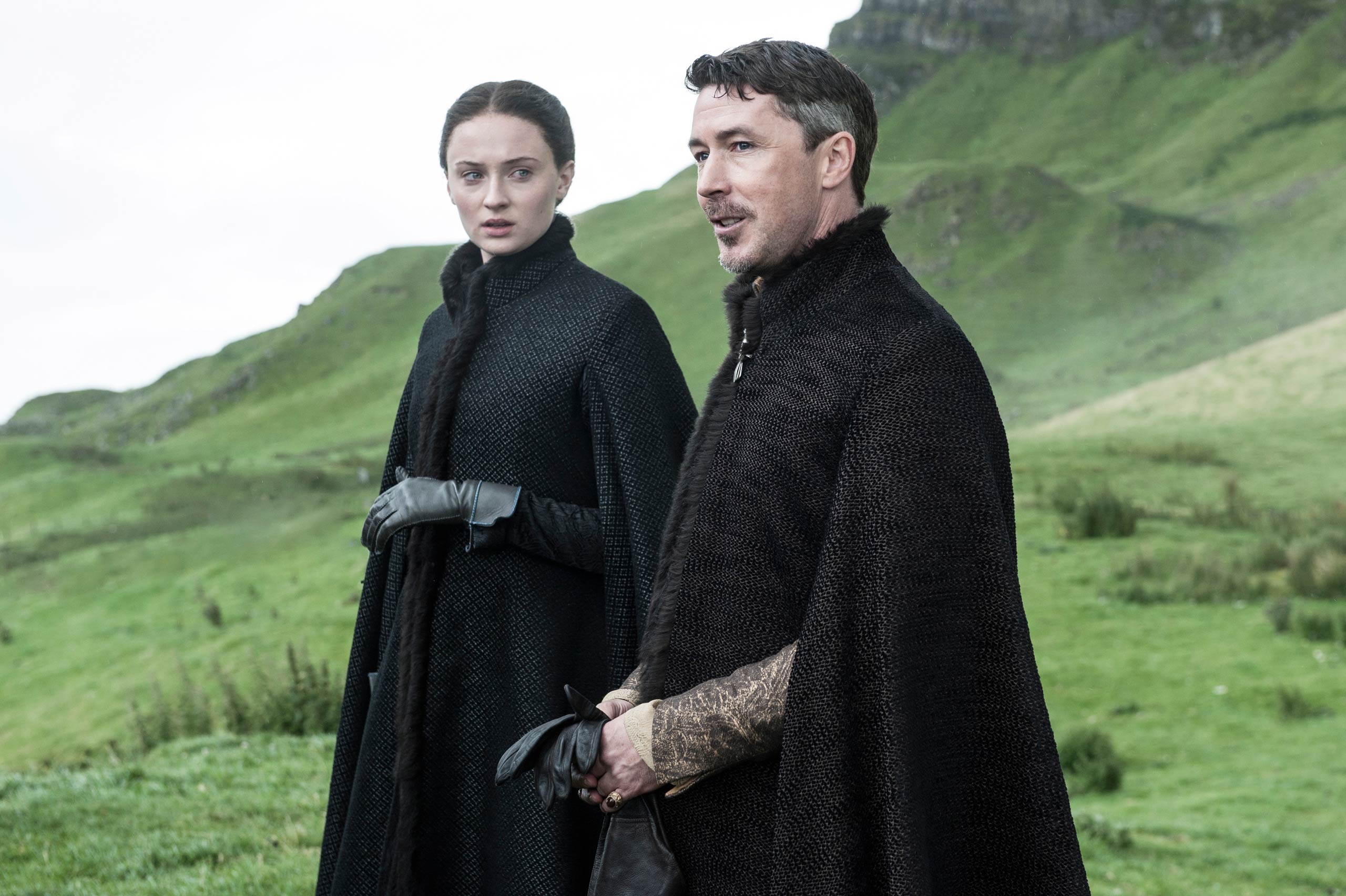 Sophie Turner as Sansa Stark and Aidan Gillen as Littlefinger. 