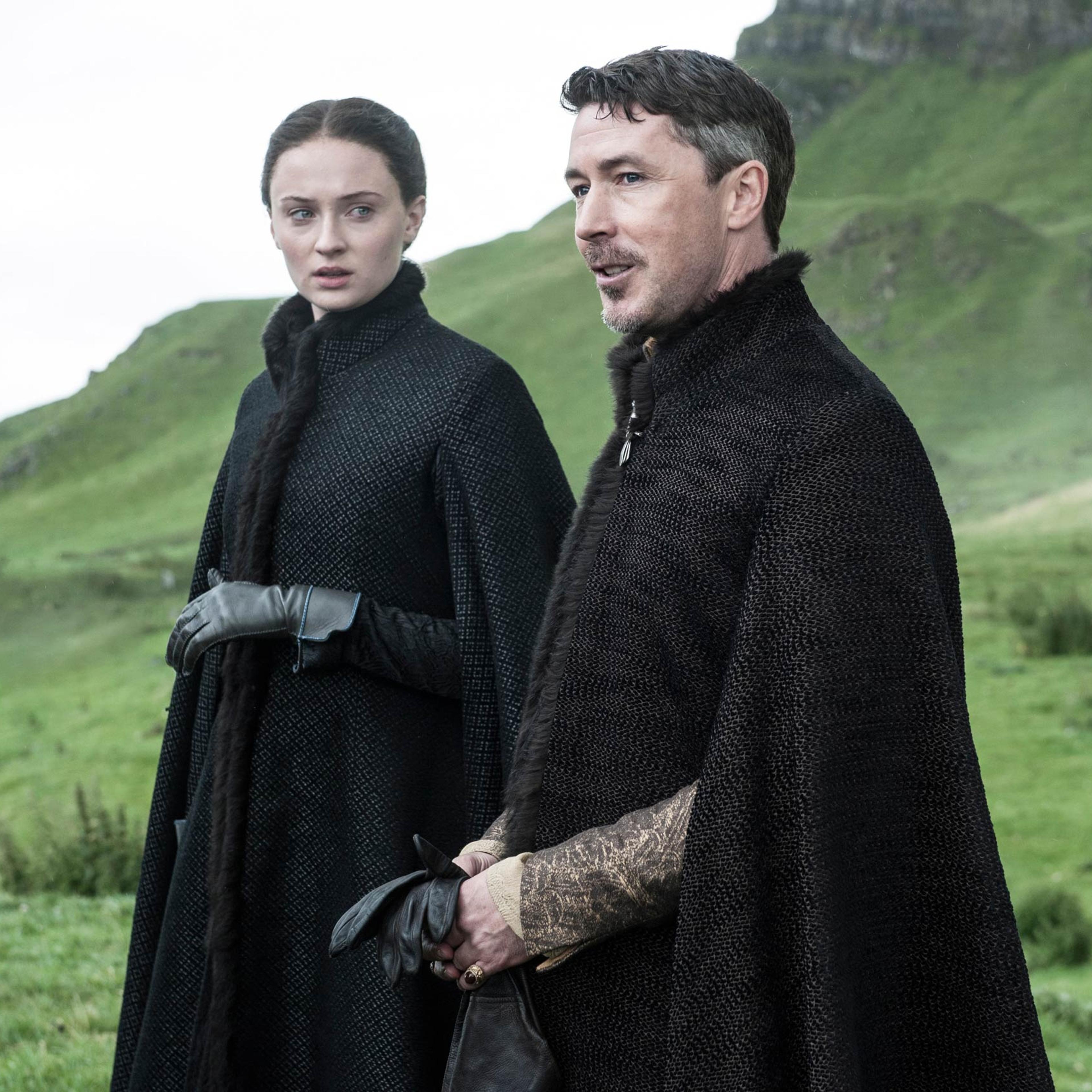 Sophie Turner as Sansa Stark and Aidan Gillen as Littlefinger.