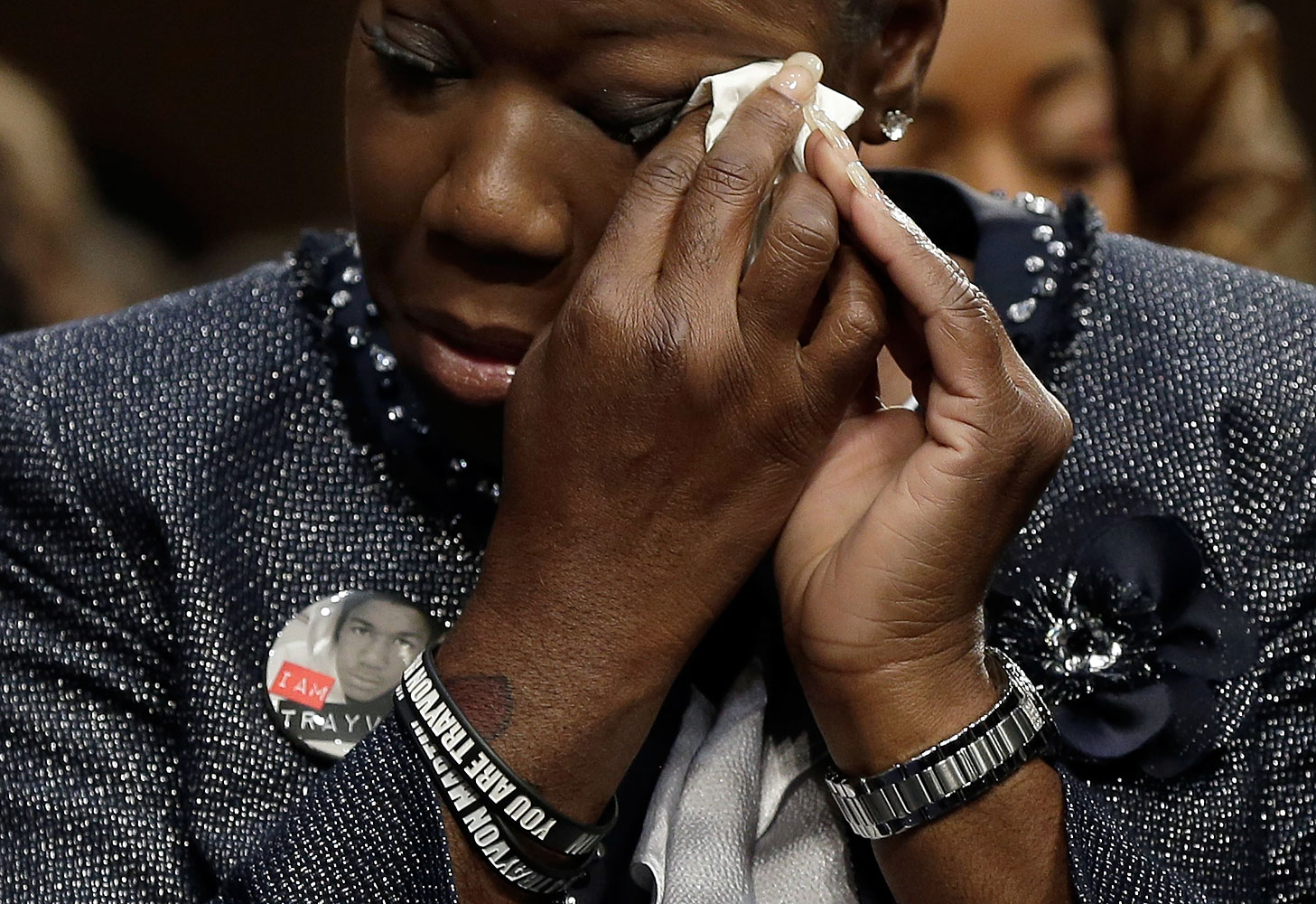 Sybrina Fulton of Miami, Fla., mother of Trayvon Martin, wipes her eyes during a Senate Judiciary Committee hearing on "Stand Your Ground" laws Oct. 29, 2013 in Washington, DC.