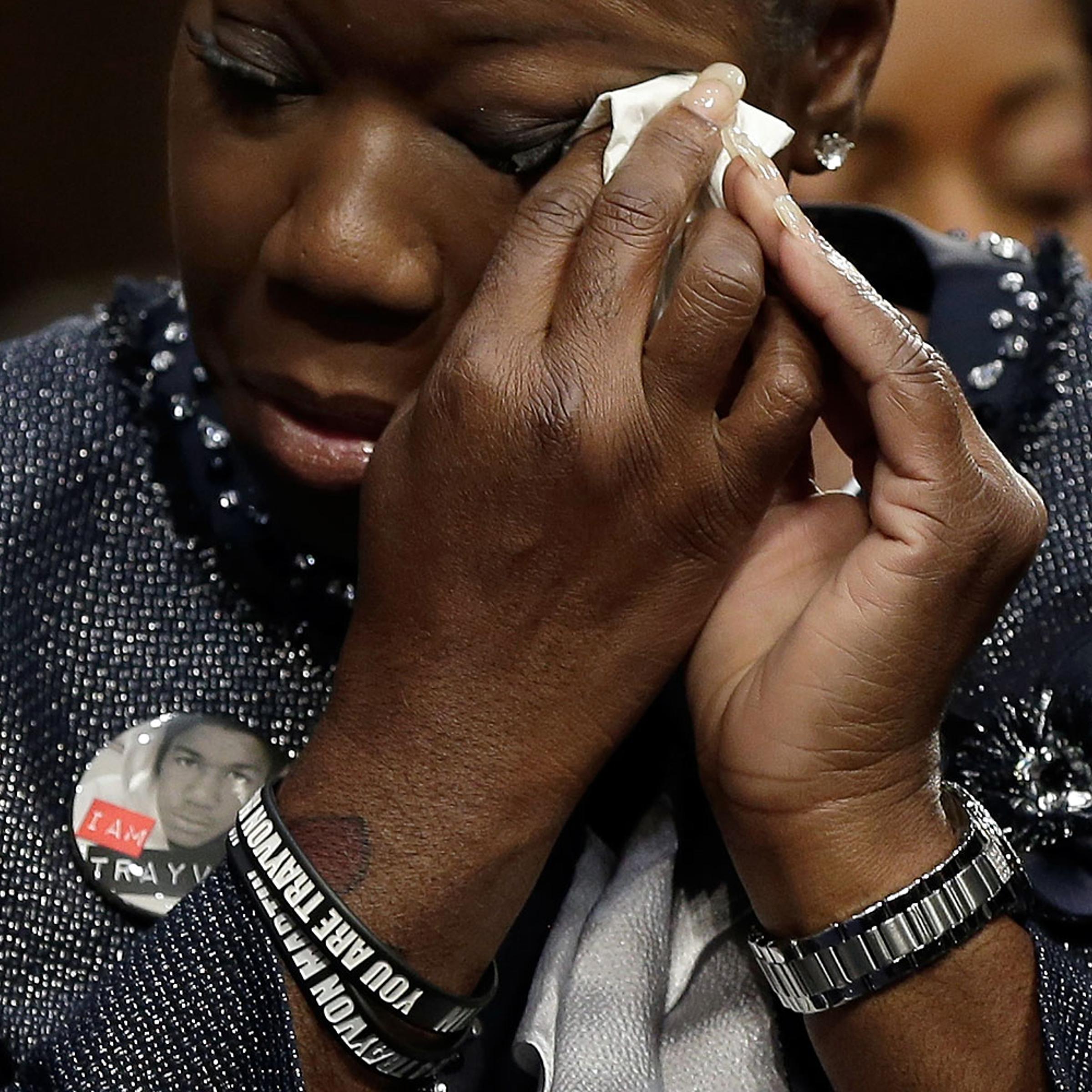Sybrina Fulton of Miami, Fla., mother of Trayvon Martin, wipes her eyes during a Senate Judiciary Committee hearing on "Stand Your Ground" laws Oct. 29, 2013 in Washington, DC.
