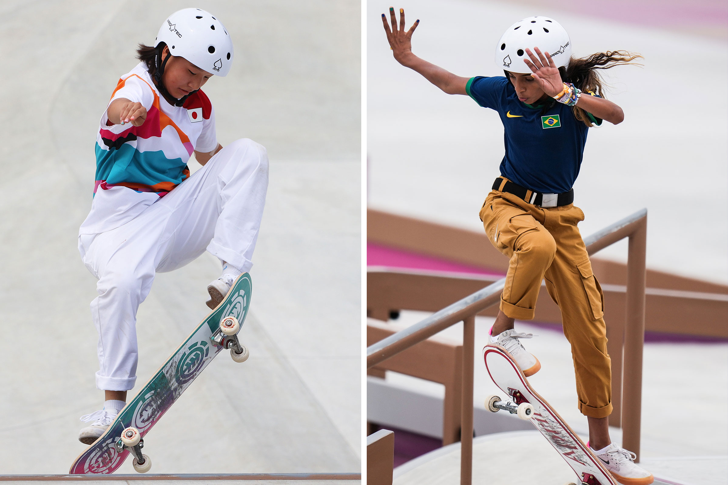 Momiji Nishiya of Team Japan competes during the Women's Street Final of the Tokyo 2020 Olympic Games; Rayssa Leal of Brazil competes during the Women's Street preliminary round; Nishiya won the gold medal, and Leal took silver.