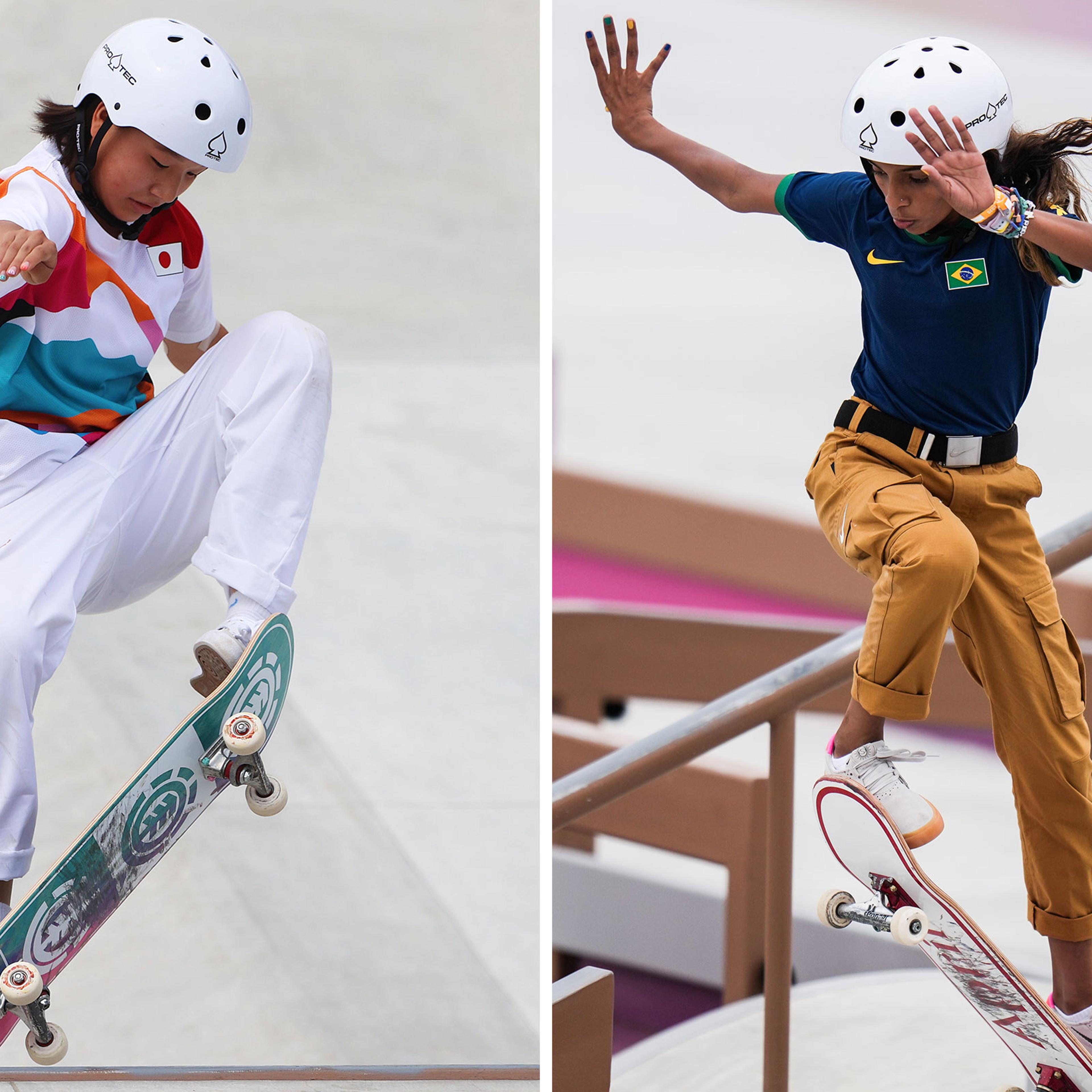 Momiji Nishiya of Team Japan competes during the Women's Street Final of the Tokyo 2020 Olympic Games; Rayssa Leal of Brazil competes during the Women's Street preliminary round; Nishiya won the gold medal, and Leal took silver.