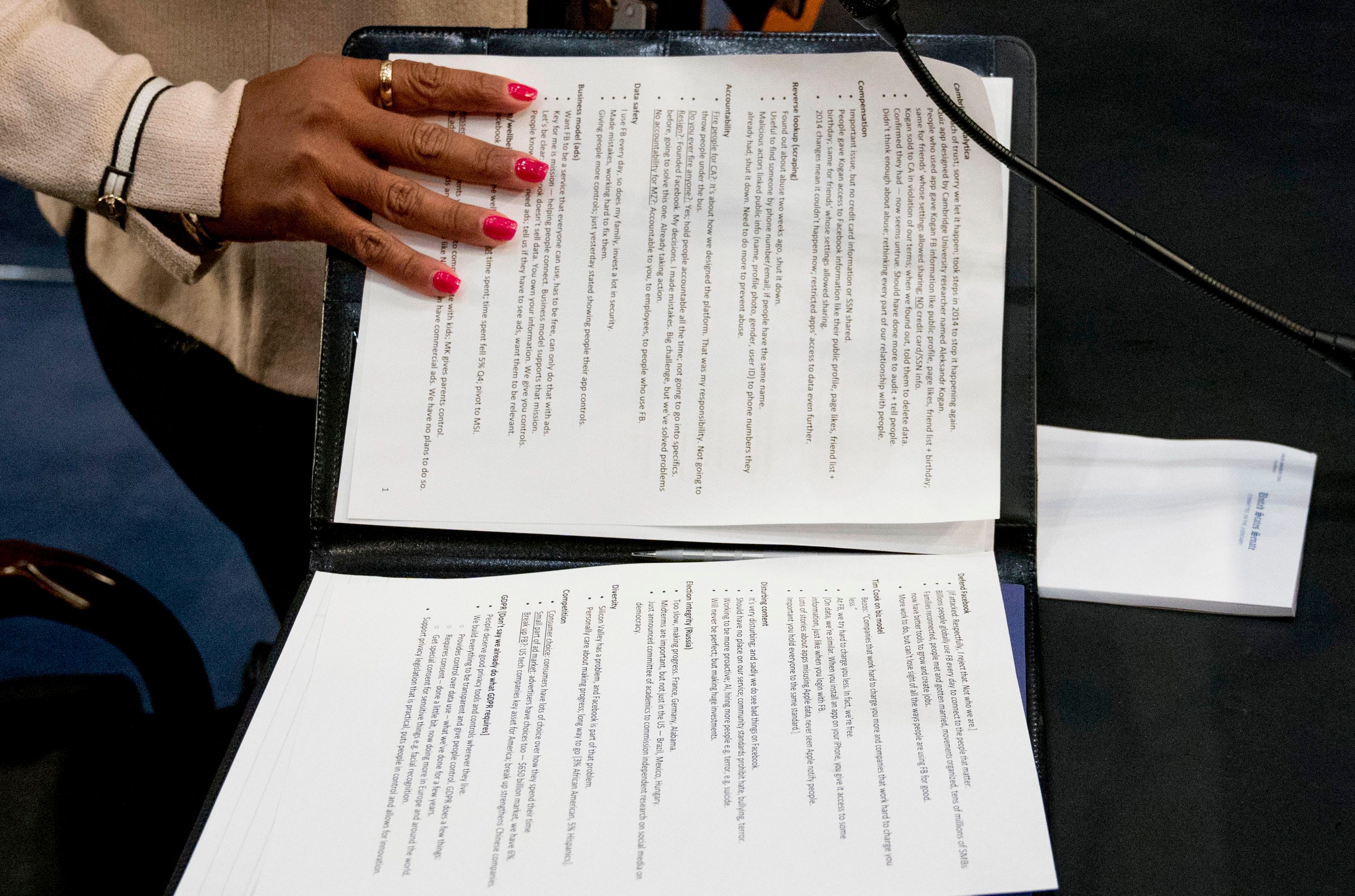 Mark Zuckerberg's notes on Facebook Privacy Scandal Congress, Washington, USA - 10 Apr 2018